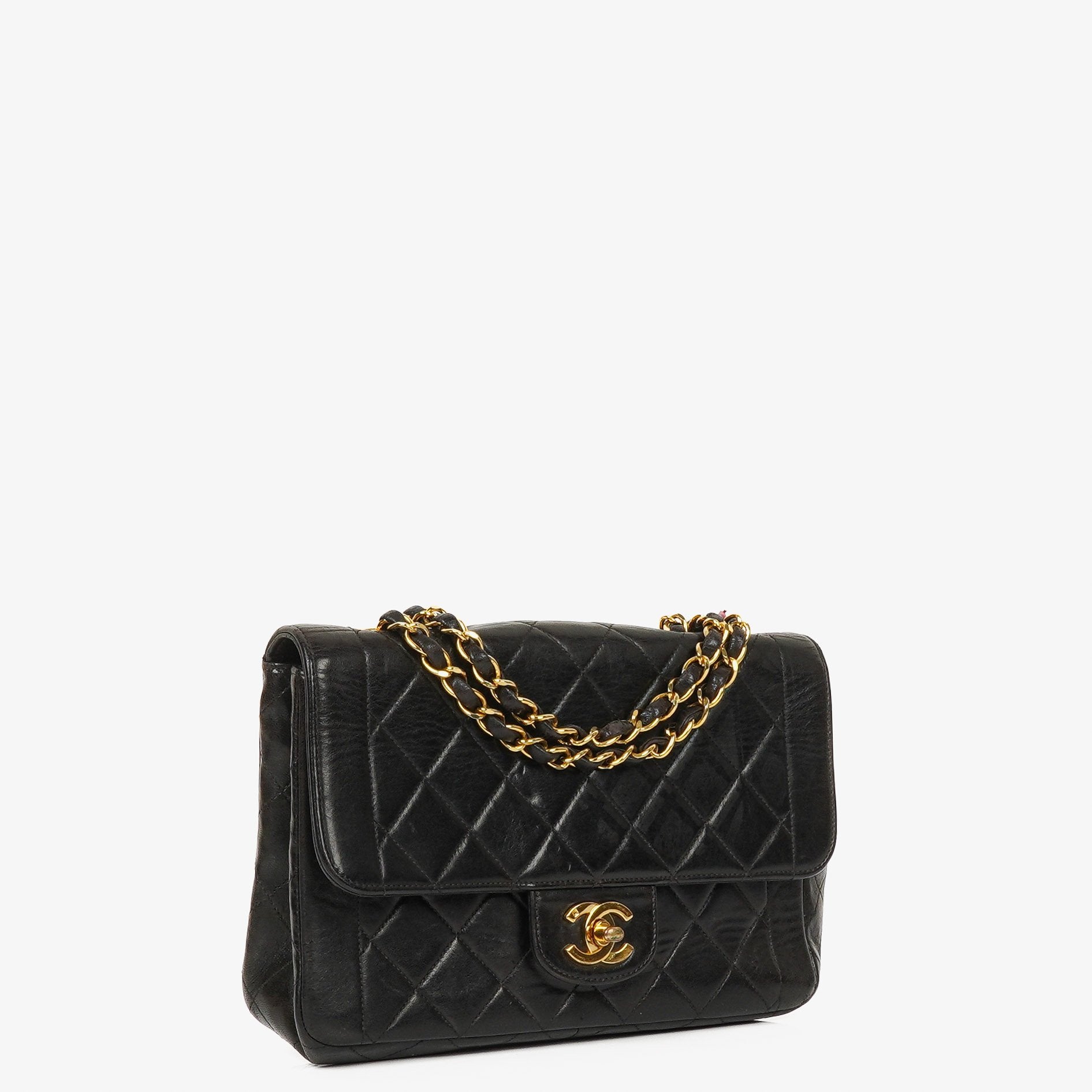 Chanel Vintage Small Single Flap Bag Black Quilted Lambskin With 24K Gold-Plated Hardware