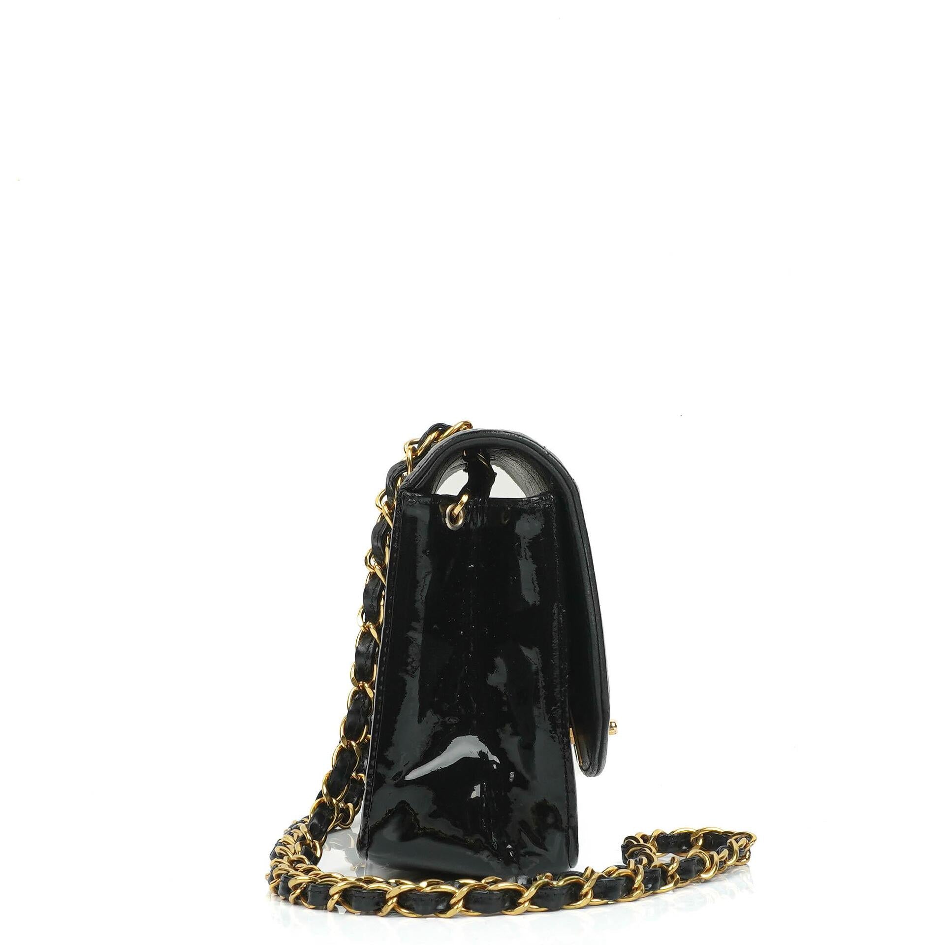 Chanel Vintage Small Diana Flap Bag Black Quilted Patent Leather With 24K Gold-Plated Hardware