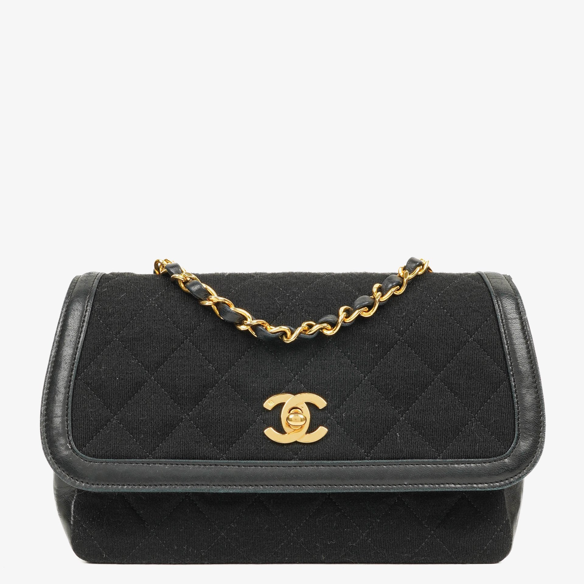 Chanel Vintage Small Single Flap In Black Quilted Jersey And Leather With 24K Gold-Plated Hardware