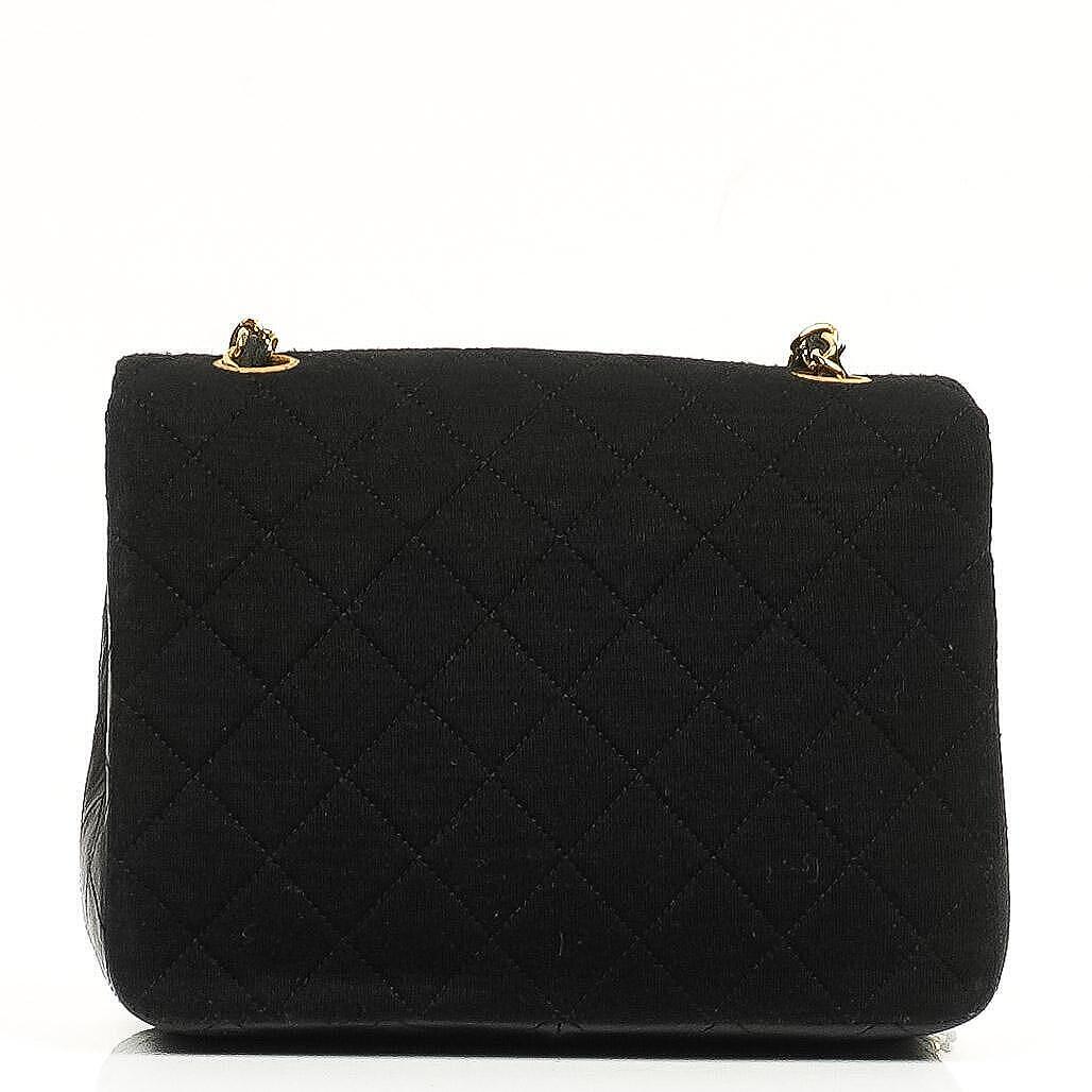 Chanel Vintage Square Single Flab Bag Black Quilted Jersey and Leather 24K Gold-Plated Hardware, 1989-1991