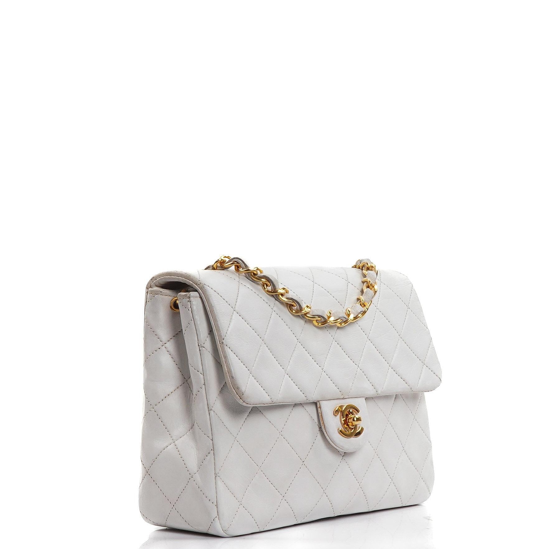 Chanel Vintage Square Flap Bag In White Quilted Lambskin With 24K Gold-Plated Hardware