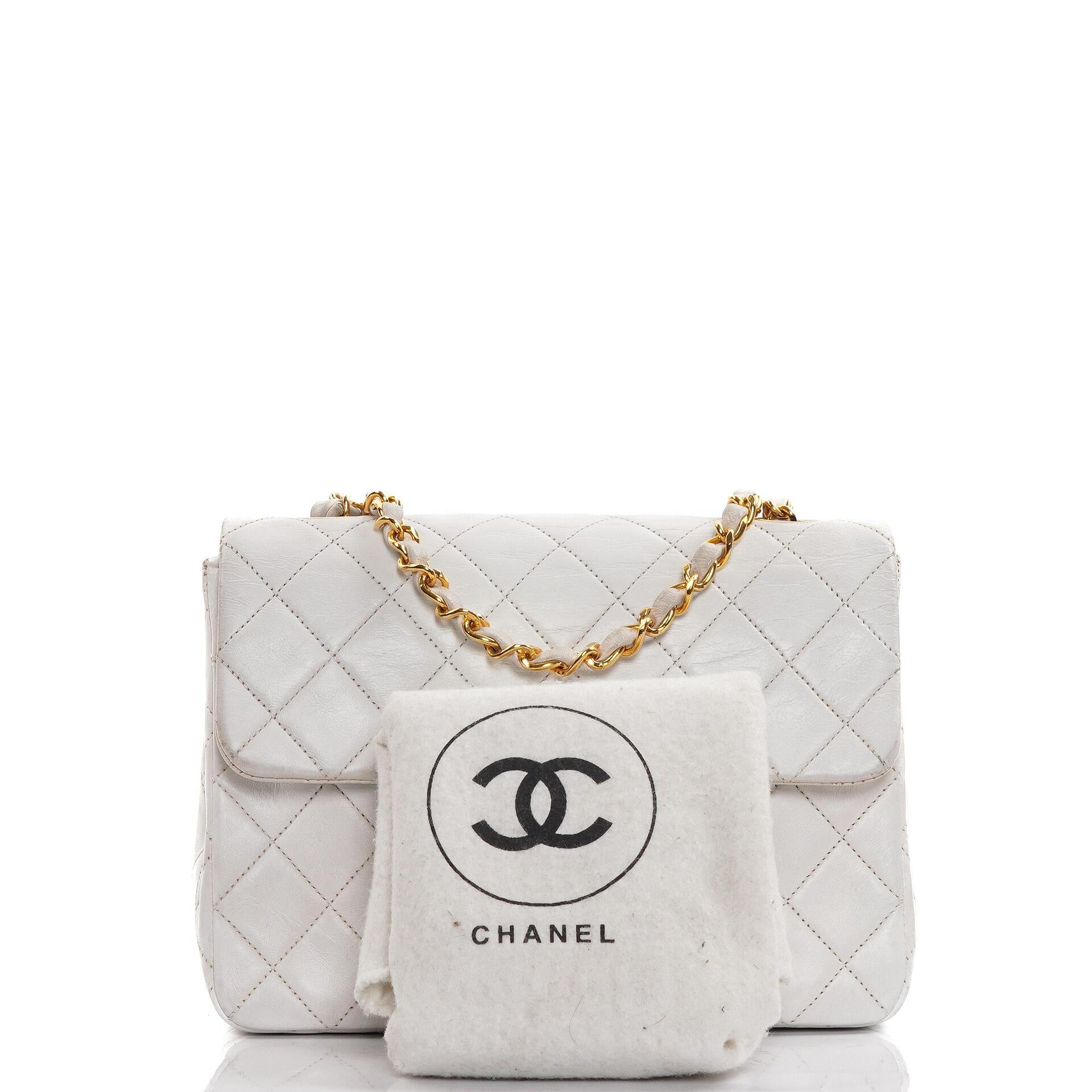 Chanel Vintage Square Flap Bag In White Quilted Lambskin With 24K Gold-Plated Hardware