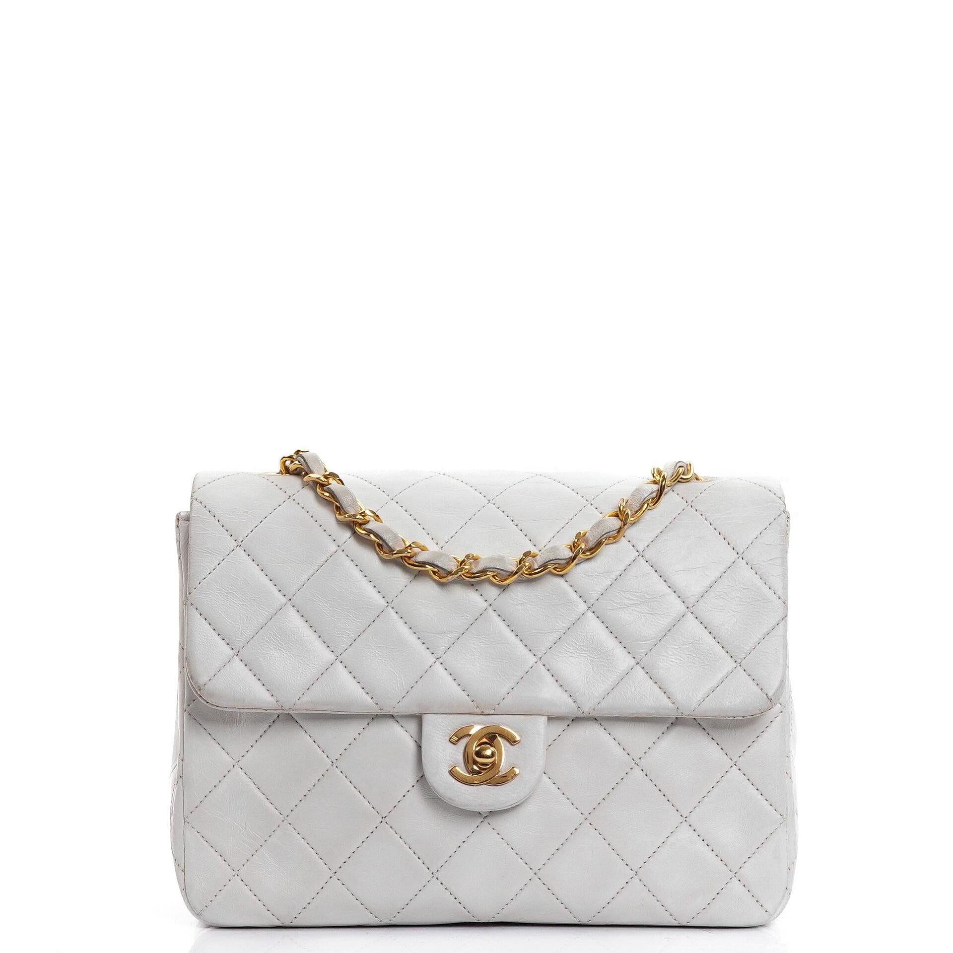Chanel Vintage Square Flap Bag In White Quilted Lambskin With 24K Gold-Plated Hardware