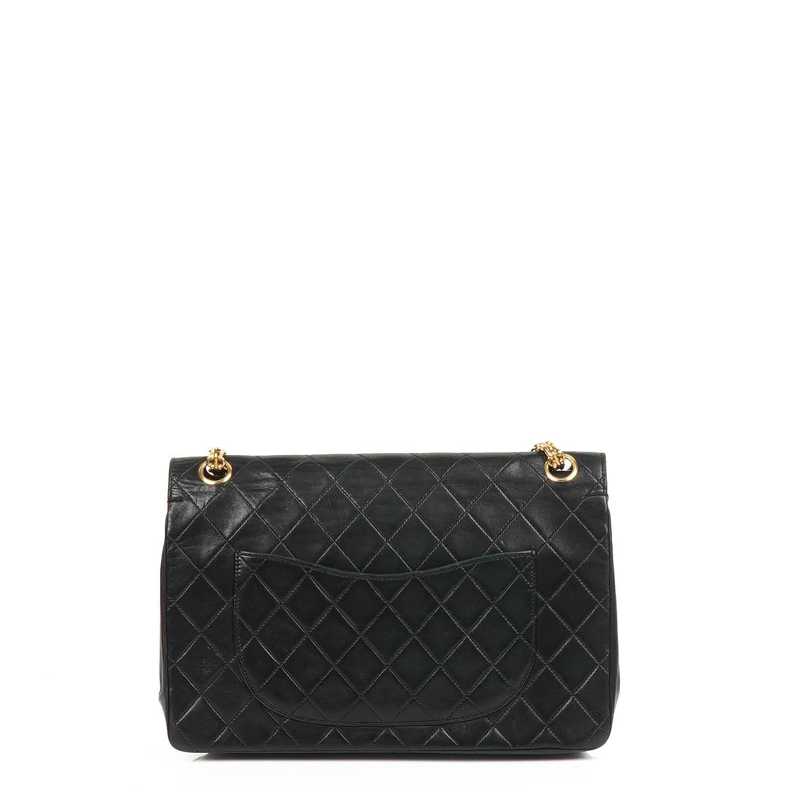 Chanel Vintage Timeless Classic Medium Double Flap Bag Black Quilted Lambskin With 24K Gold-Plated Hardware And Mademoiselle Chain