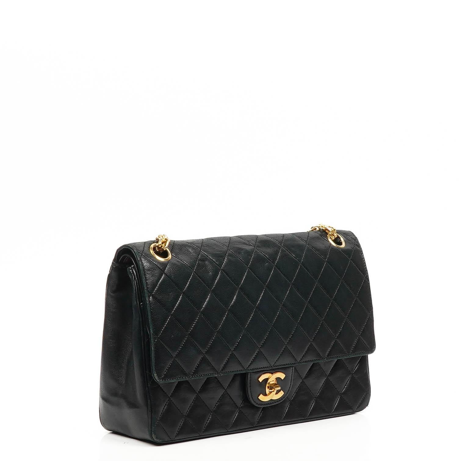 Chanel Vintage Timeless Classic Medium Double Flap Bag Black Quilted Lambskin With 24K Gold-Plated Hardware And Mademoiselle Chain