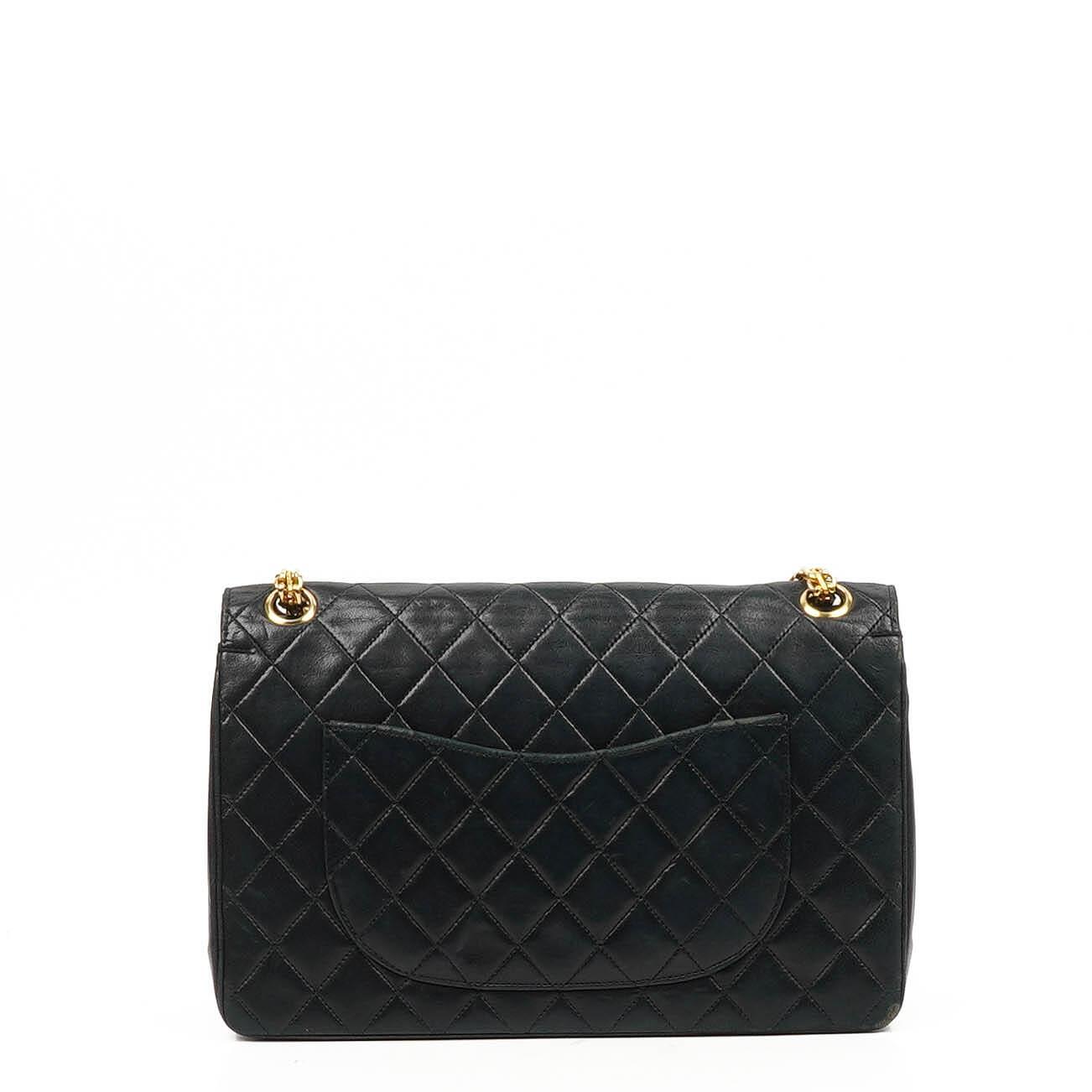 Chanel Vintage Timeless Classic Medium Double Flap Bag Black Quilted Lambskin With 24K Gold-Plated Hardware And Mademoiselle Chain