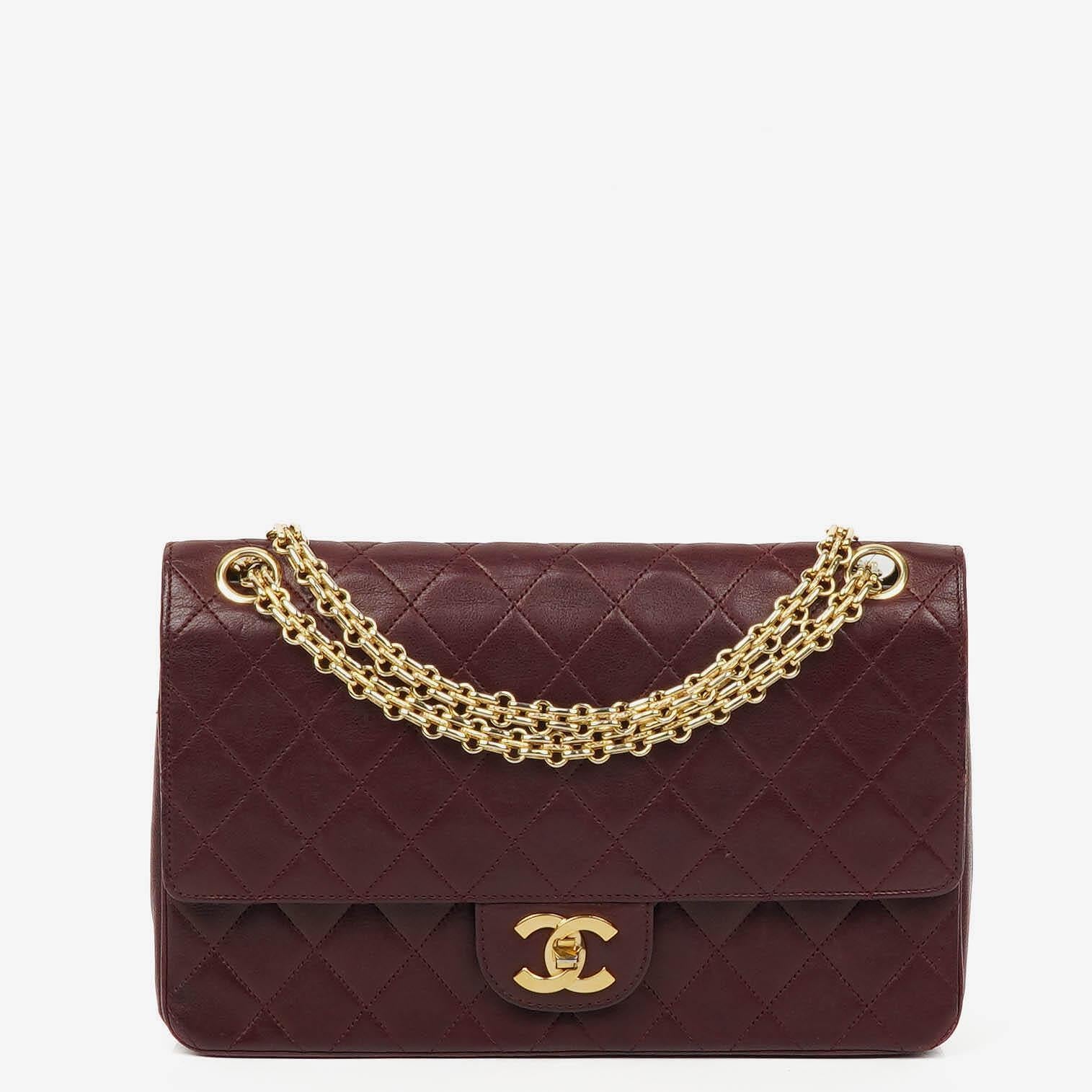 Chanel Vintage Timeless Classic Medium Double Flap Bag Burgundy Quilted Lambskin With Gold-Tone Hardware And Mademoiselle Chain