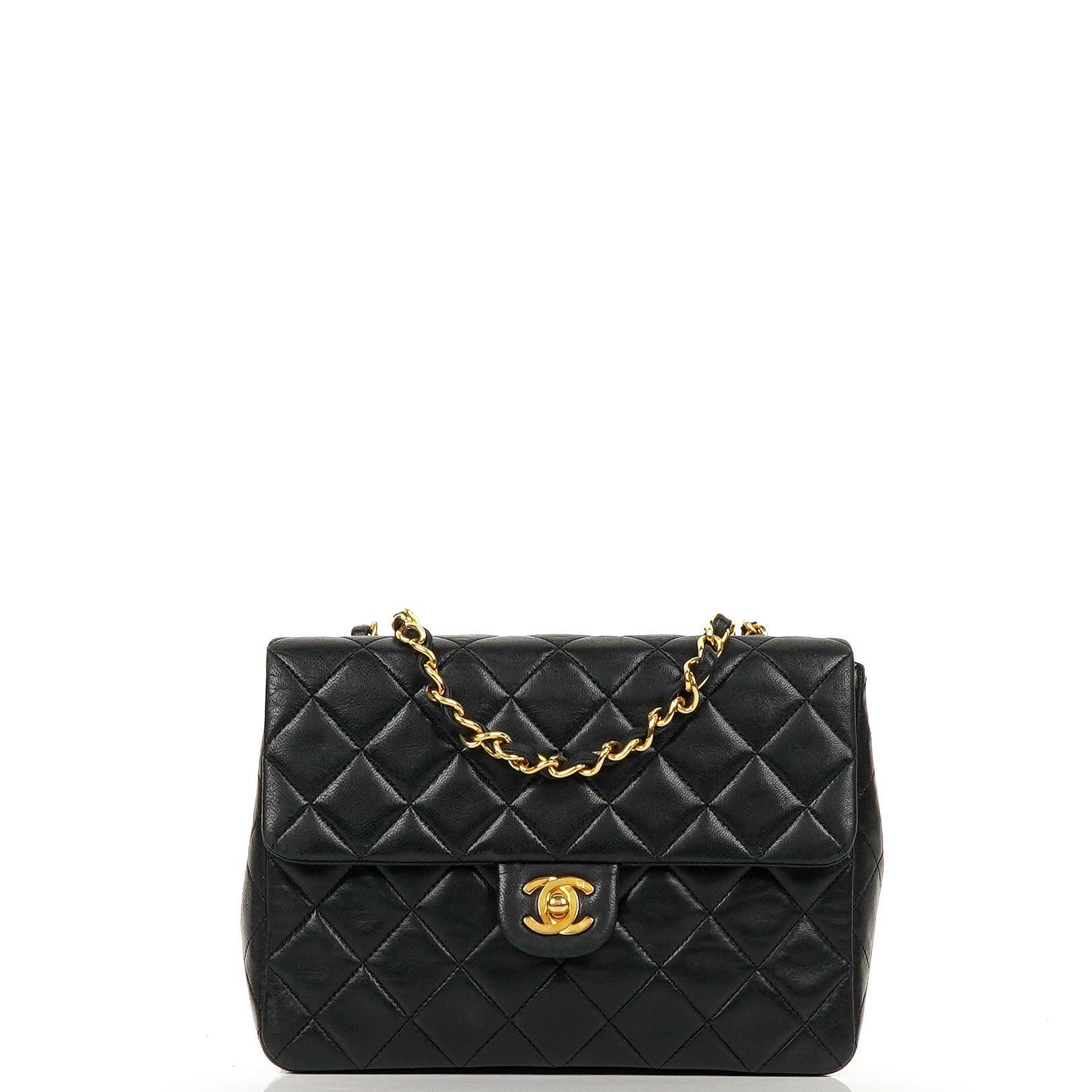 Chanel Vintage Timeless Classic Square Single Flap Bag Black Quilted Lambskin With 24K Gold-Plated Hardware