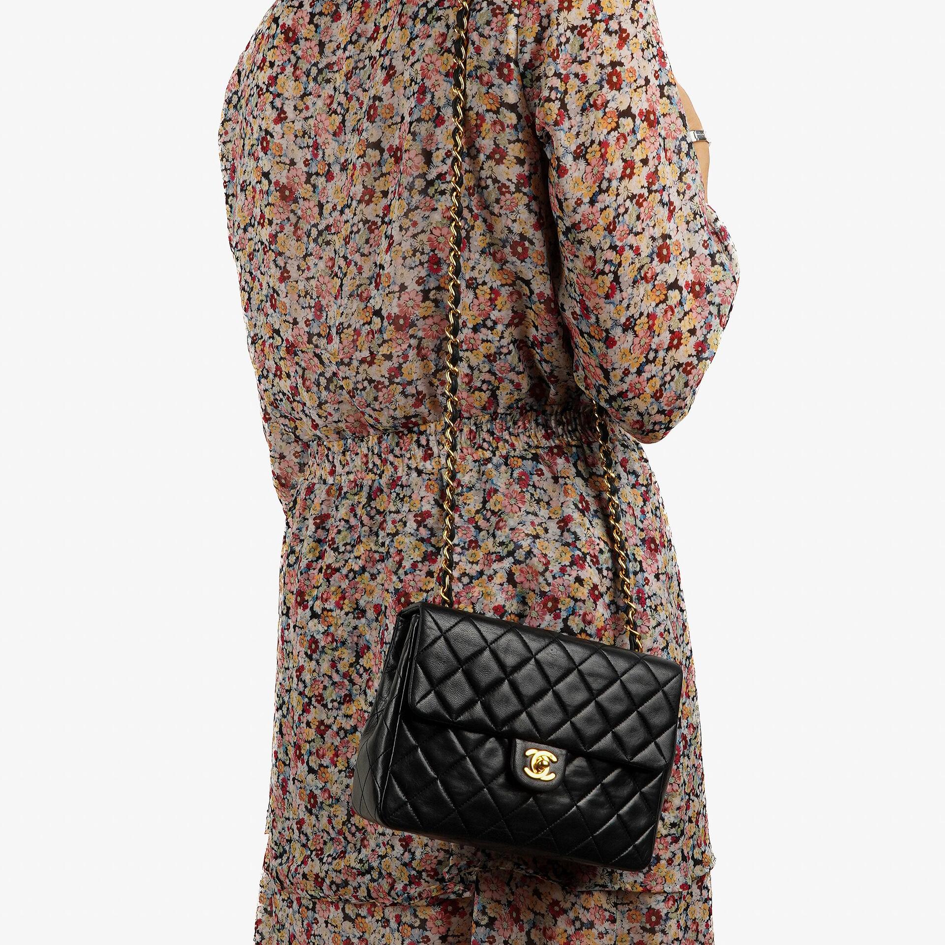 Chanel Vintage Timeless Classic Square Single Flap Bag Black Quilted Lambskin With 24K Gold-Plated Hardware