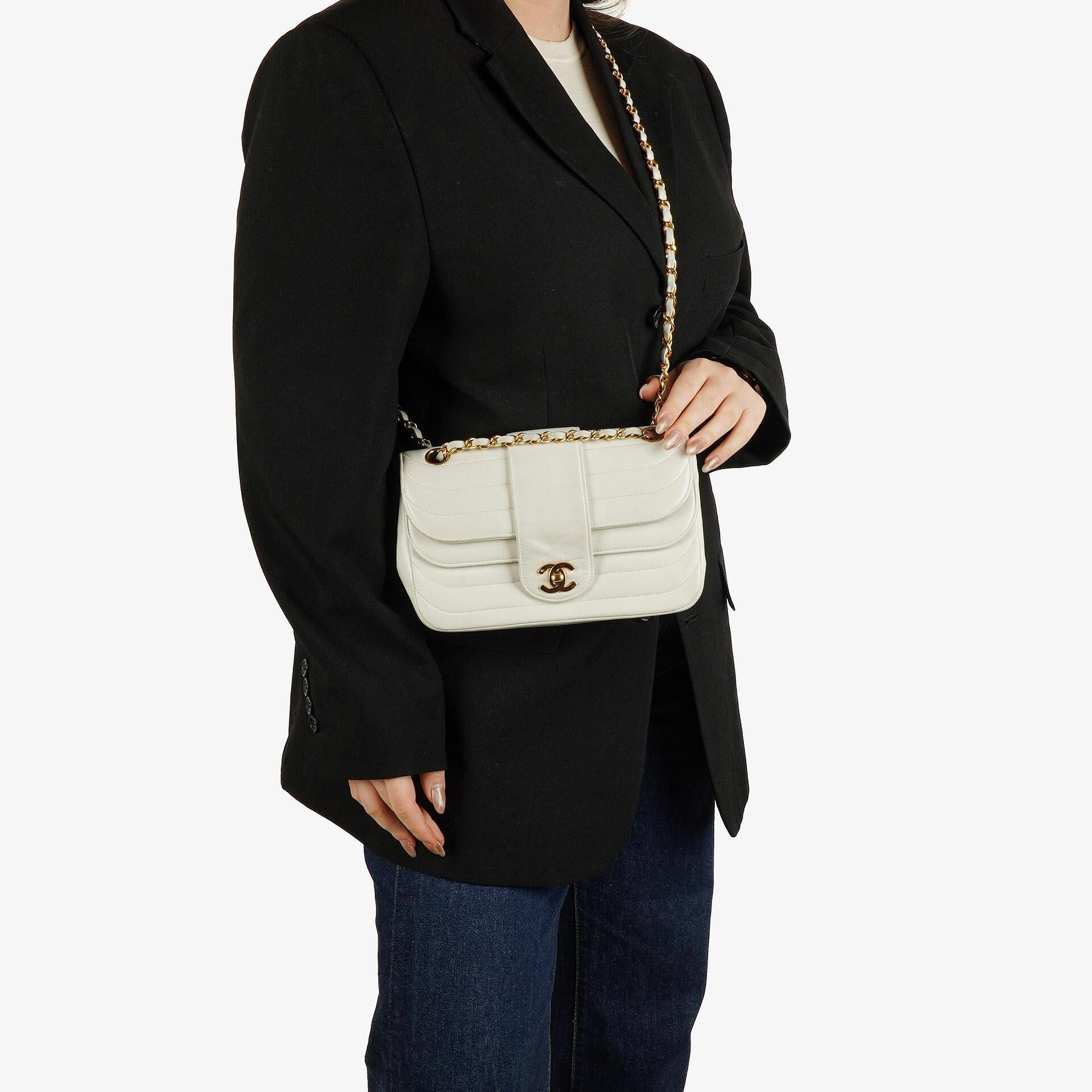 Chanel White Horizontal Quilted Small Double Flap Bag With 24K Gold-Plated Hardware