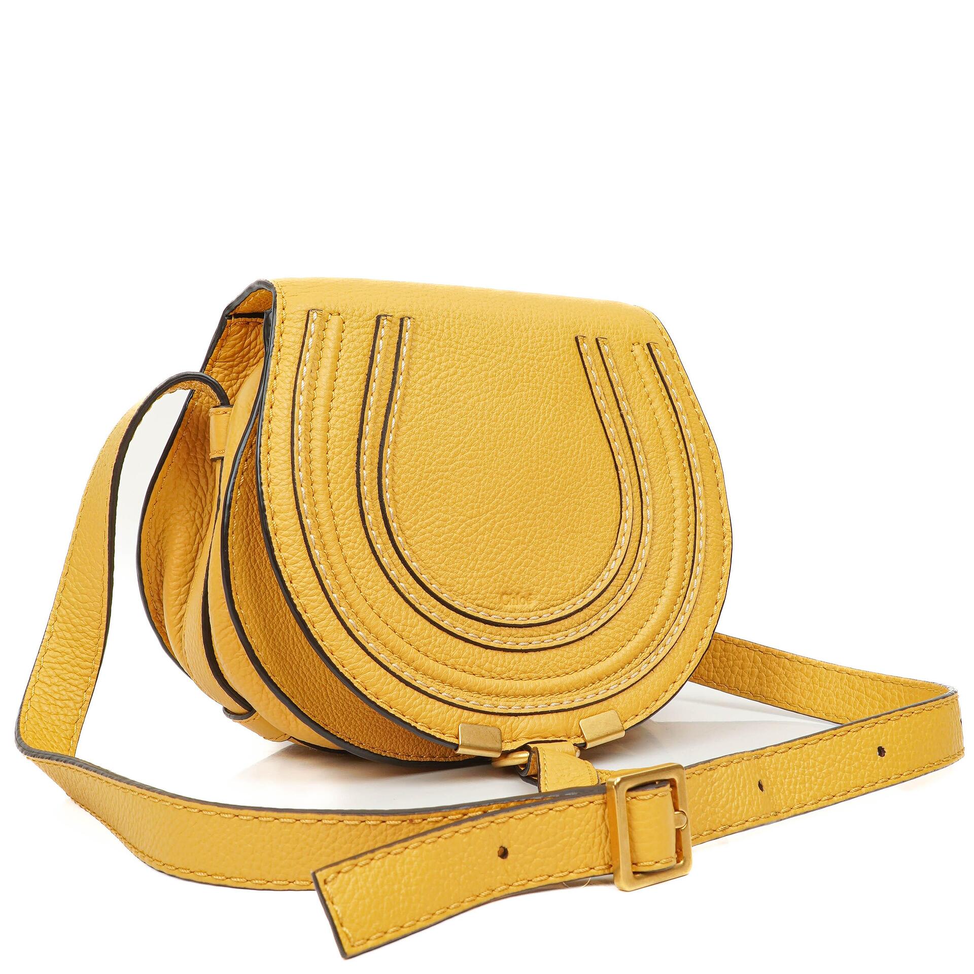 Chloe Marcie Saddle Small Crossbody Bag In Dusty Yellow Pebbled Leather