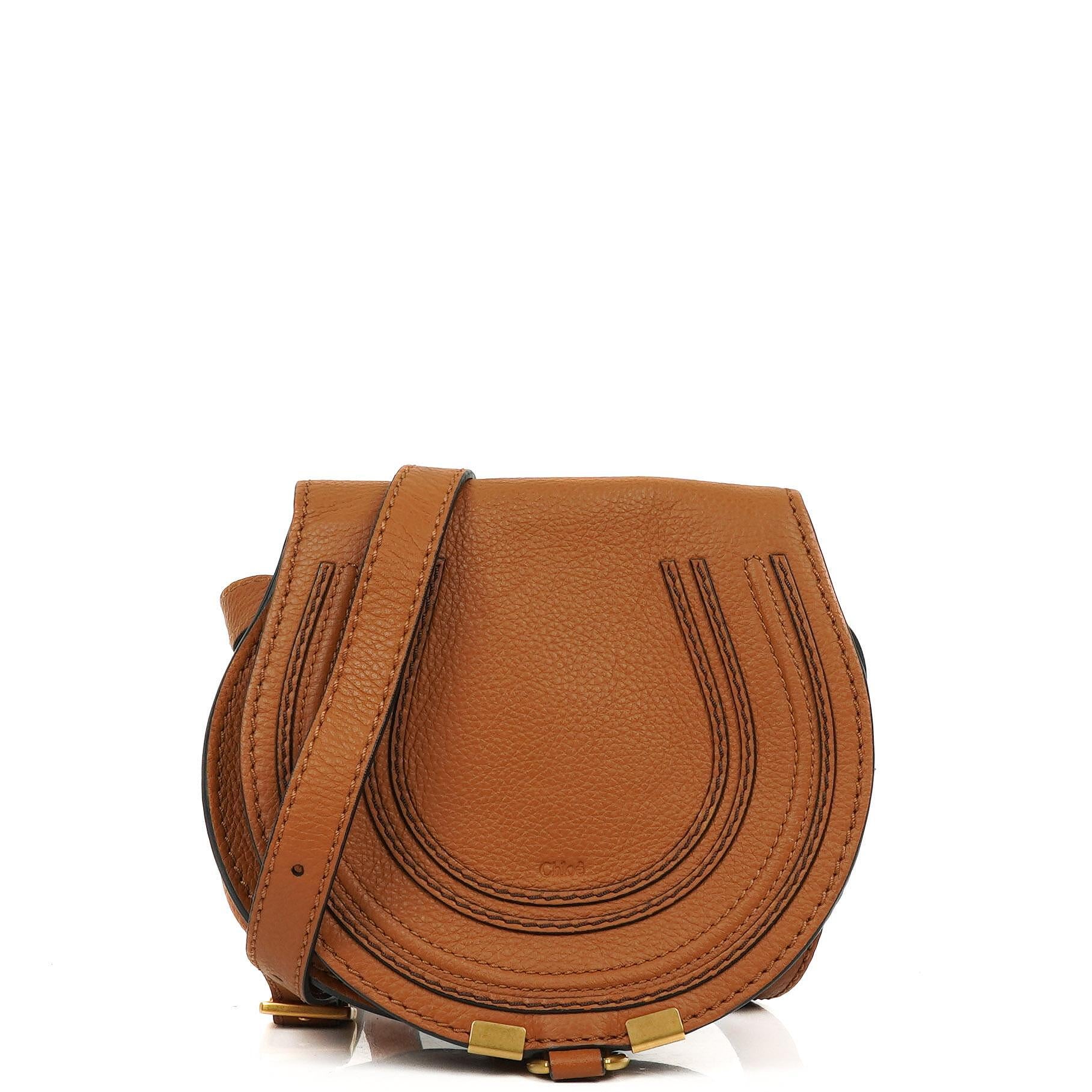 Chloe Mini Marcie Tan Grained Calfskin Saddle Crossbody Bag