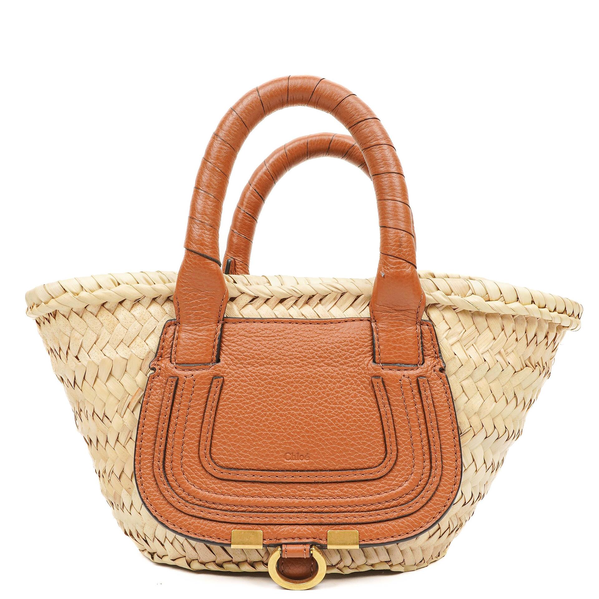 Chloe Raffia Mini Marcie Grain Calfskin Tan Basket
