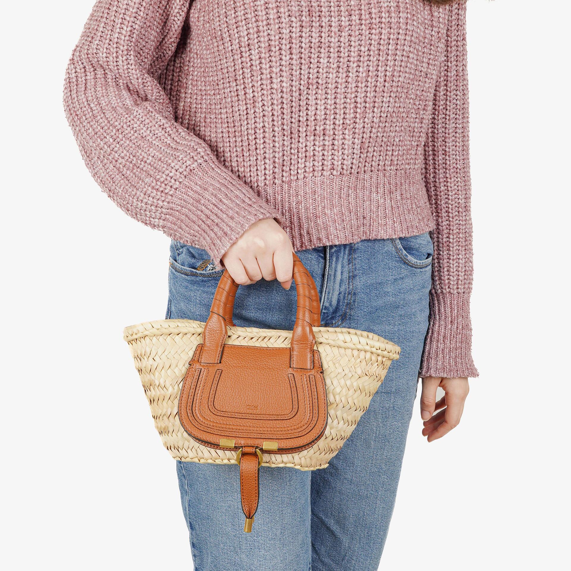 Chloe Raffia Mini Marcie Grain Calfskin Tan Basket