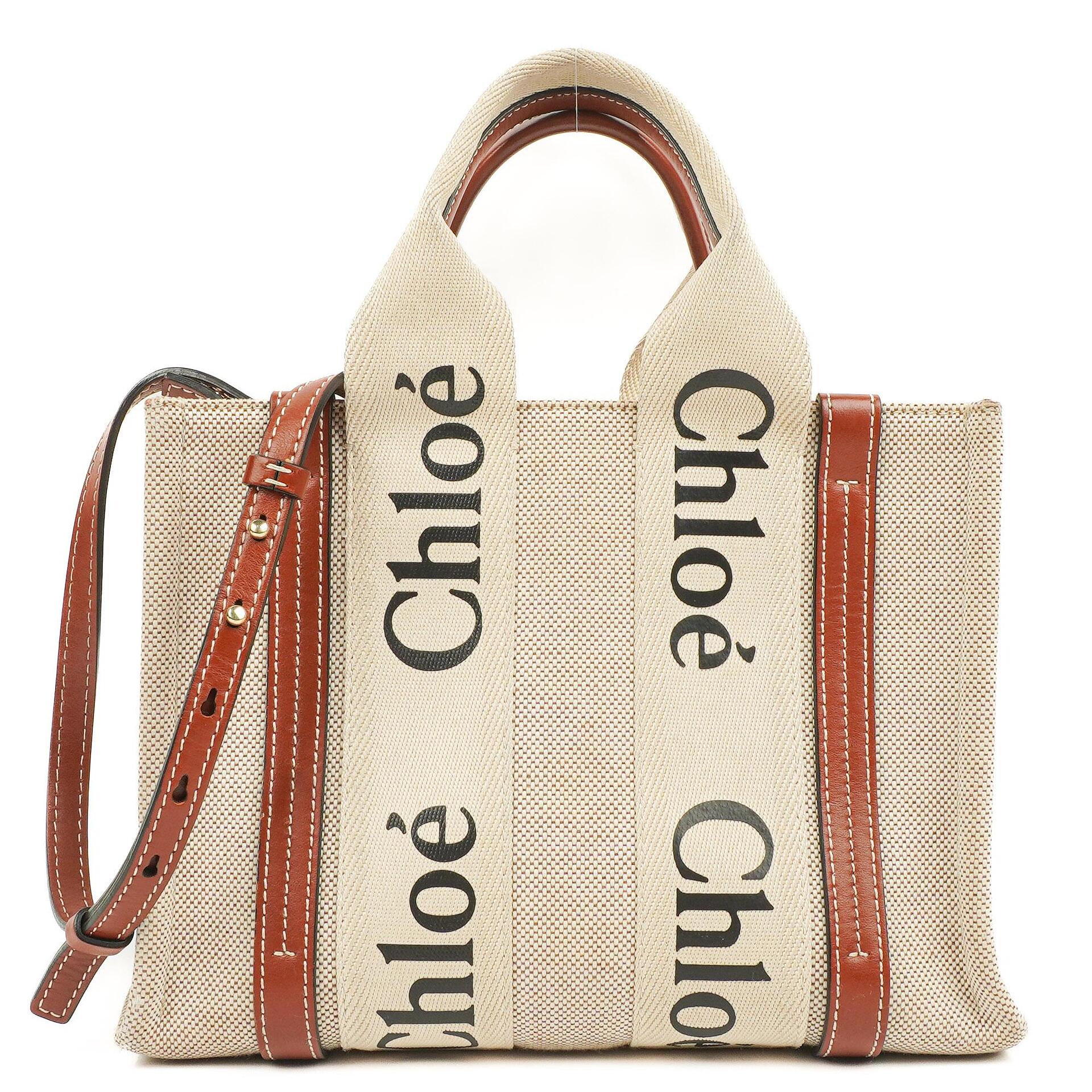 Chloe Small Woody linen Tote Bag Brown