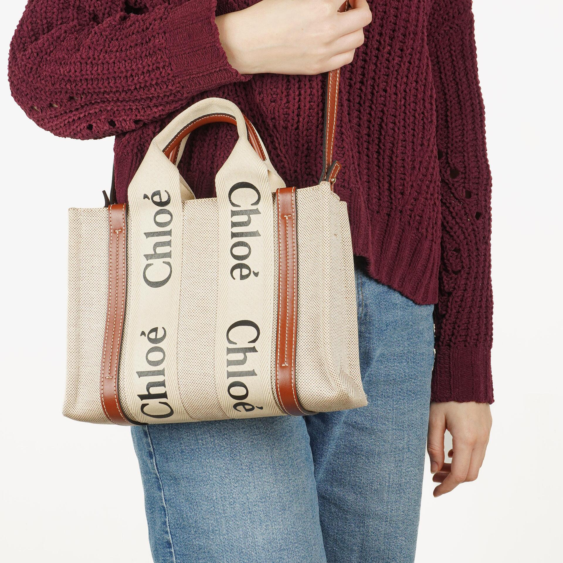 Chloe Small Woody linen Tote Bag Brown