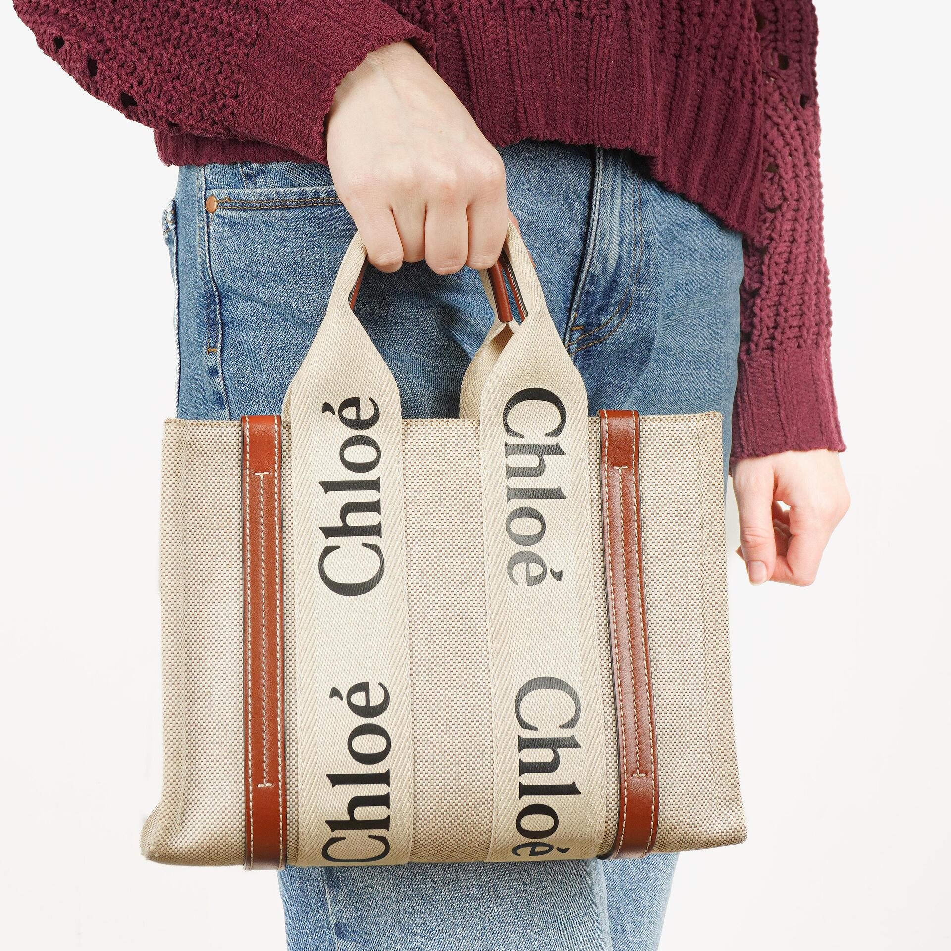 Chloe Small Woody linen Tote Bag Brown