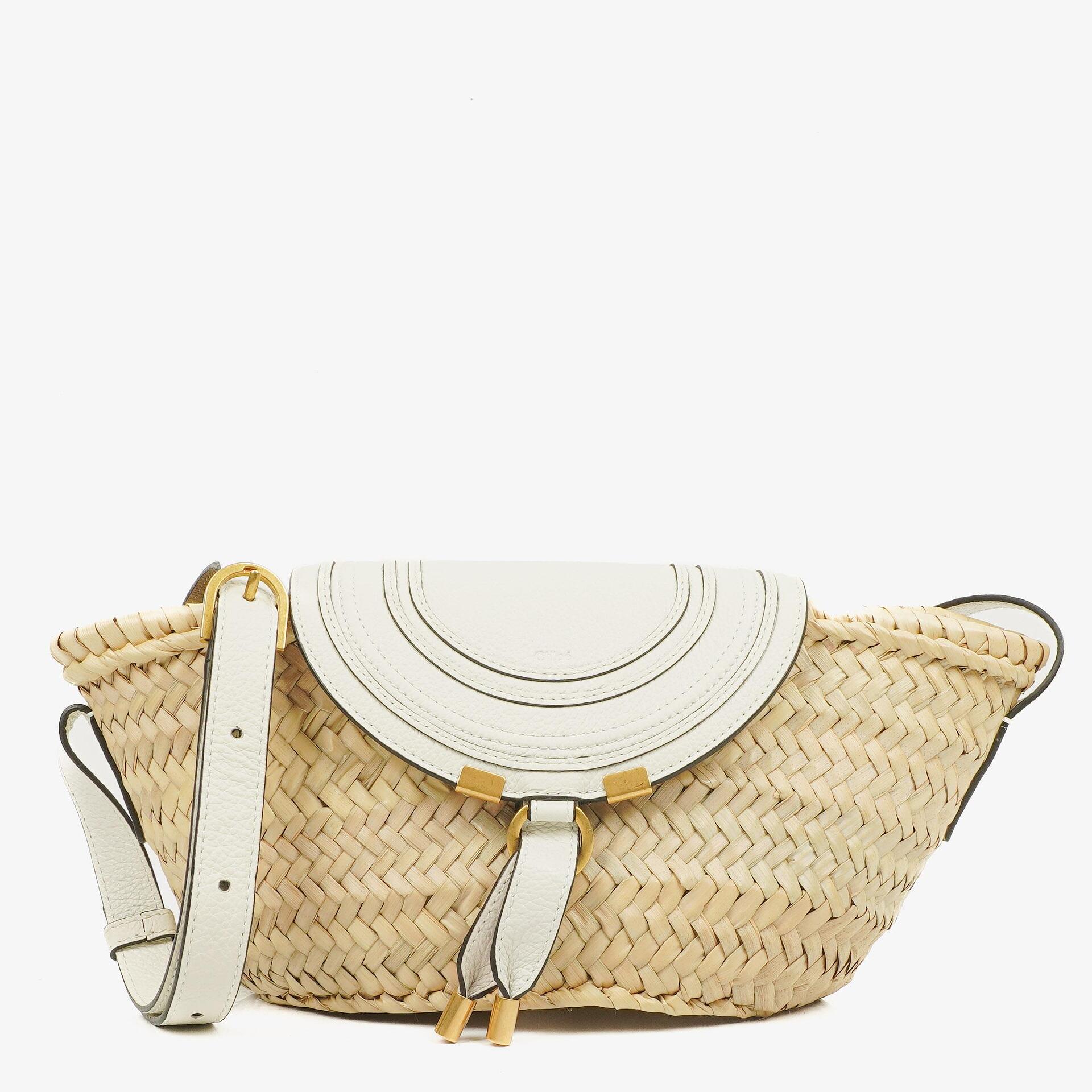 Chloe White/Beige Woven Raffia and Leather Small Marcie Basket Bag