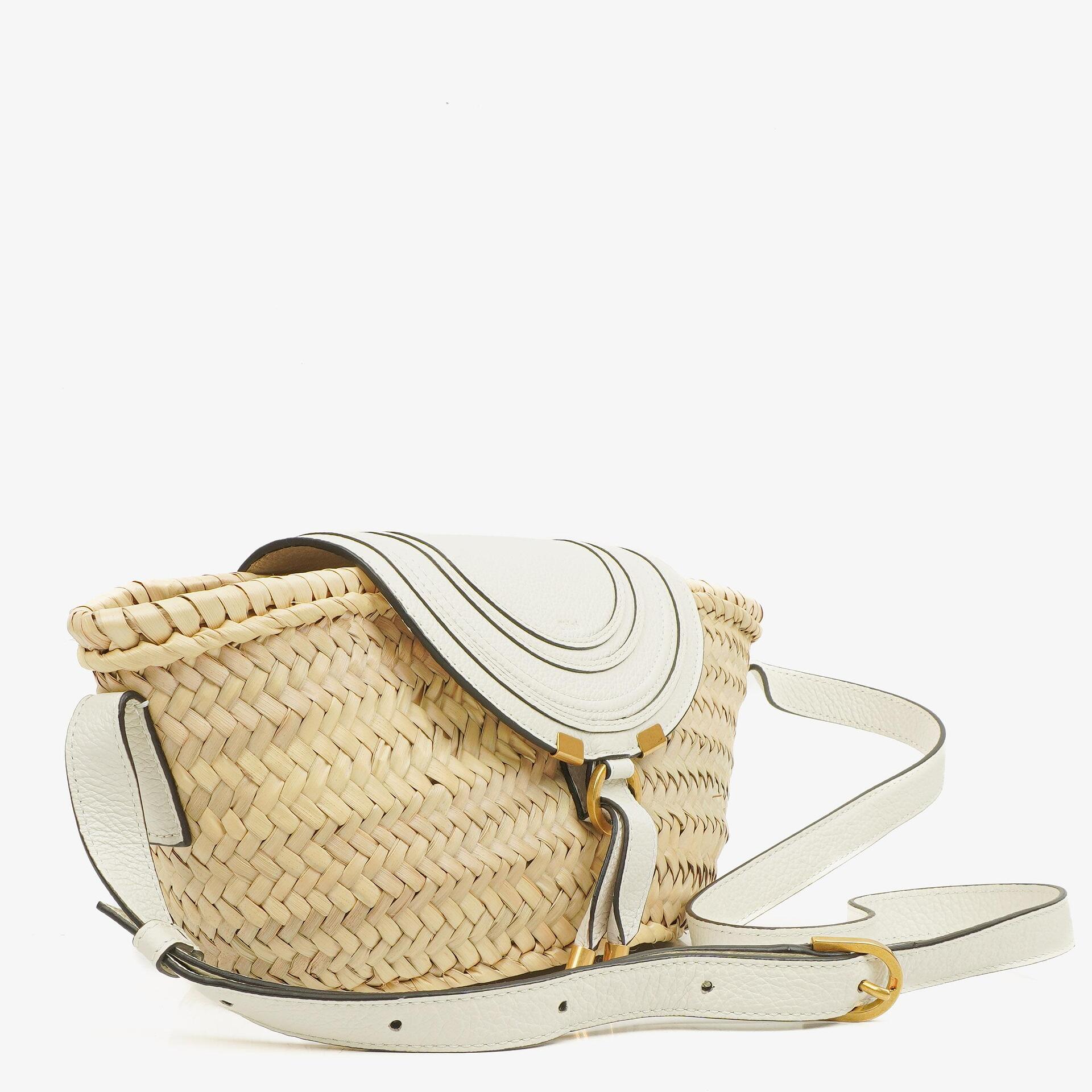 Chloe White/Beige Woven Raffia and Leather Small Marcie Basket Bag