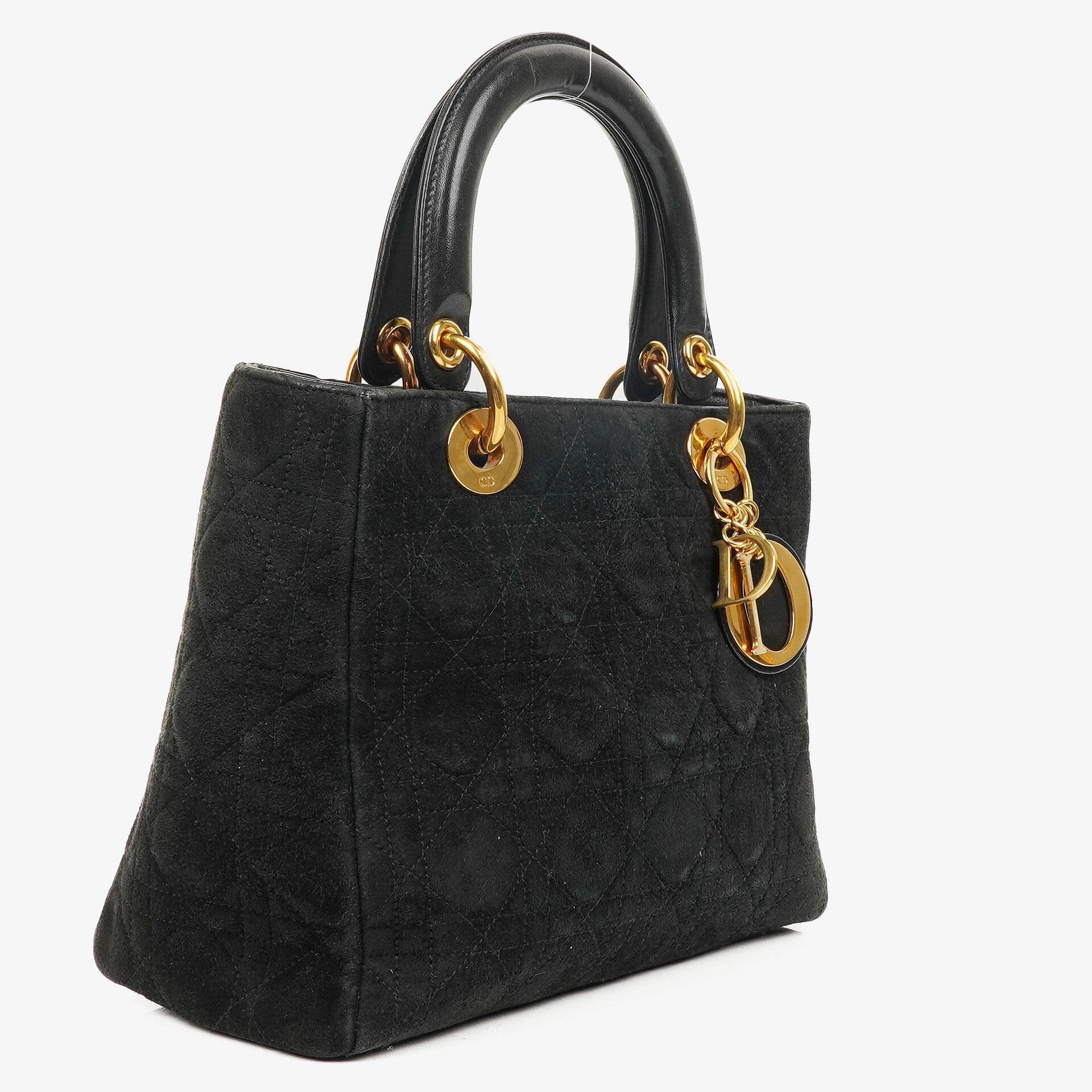 Christian Dior Black Cannage Quilted Suede Leather Lady Dior Bag