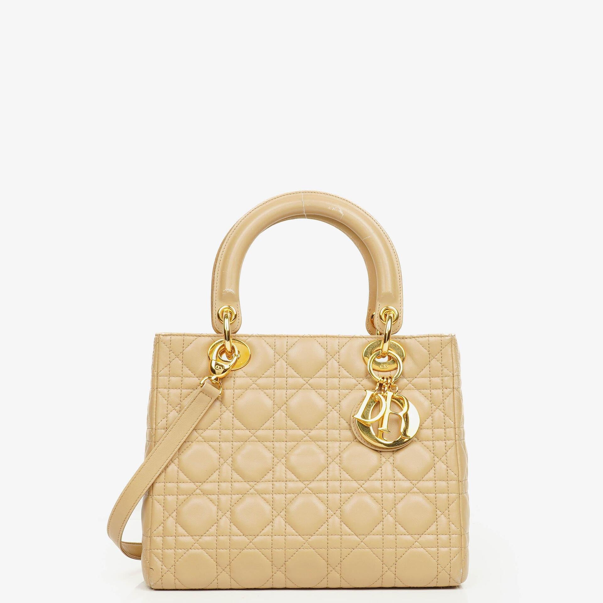 Christian Dior Lady Dior Beige Cannage Quilted Leather Bag