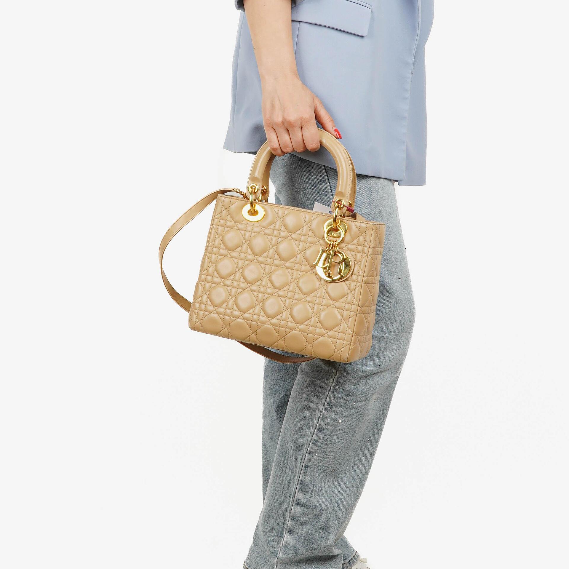 Christian Dior Lady Dior Beige Cannage Quilted Leather Bag
