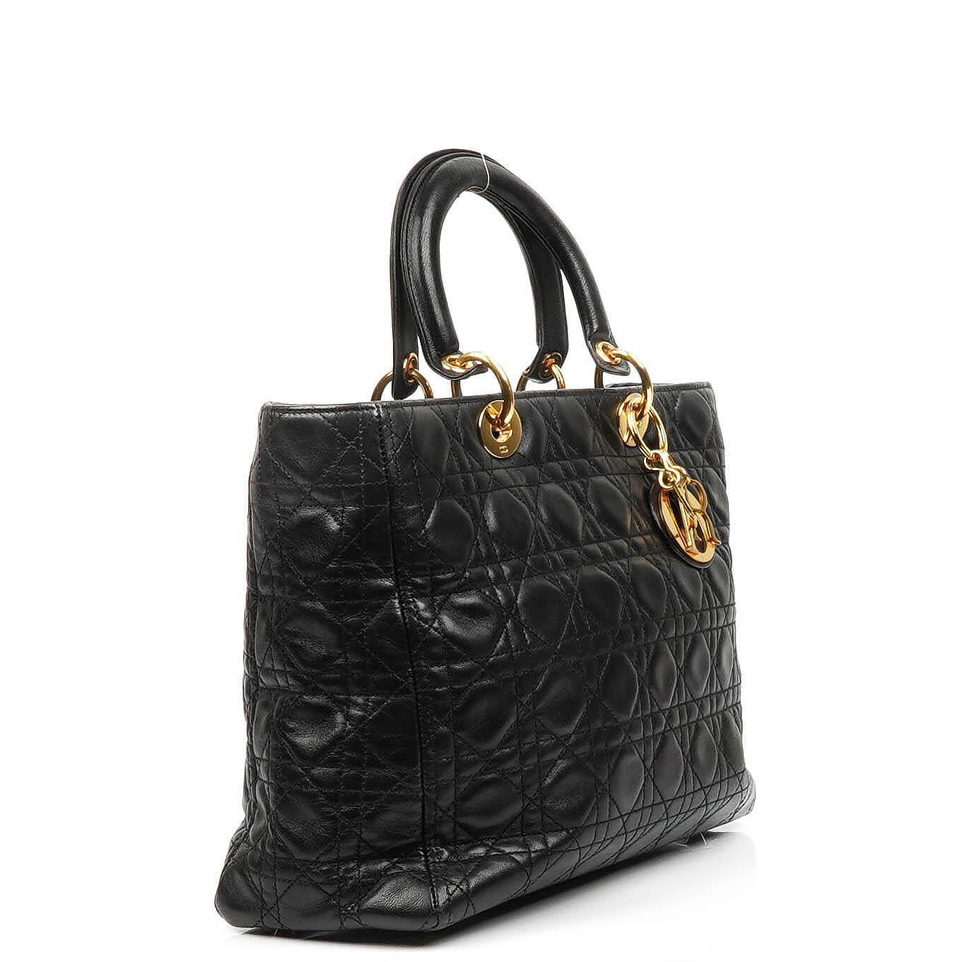 Christian Dior Large Lady Dior Black Cannage Quilted Lambskin Handbag