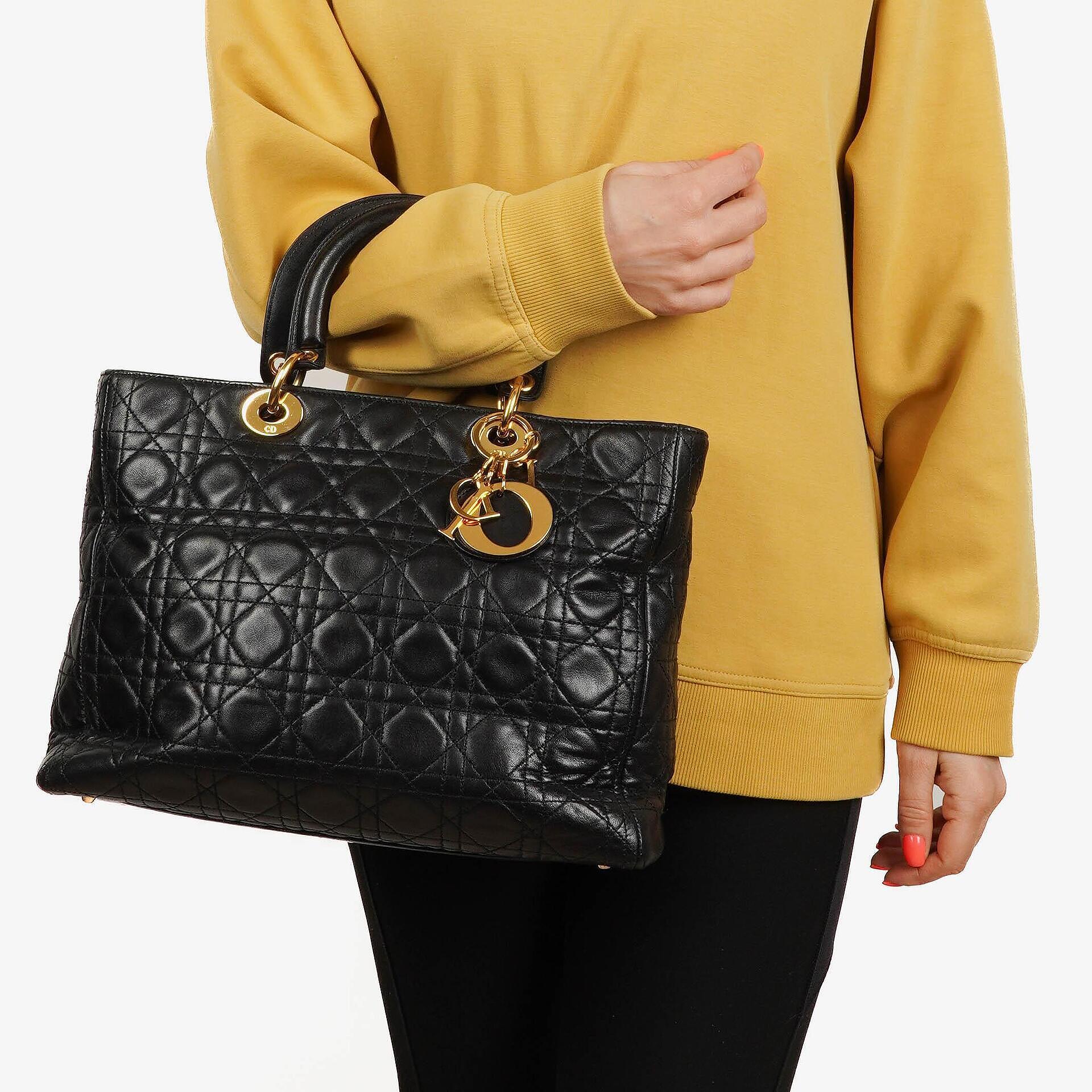 Christian Dior Large Lady Dior Black Cannage Quilted Lambskin Handbag