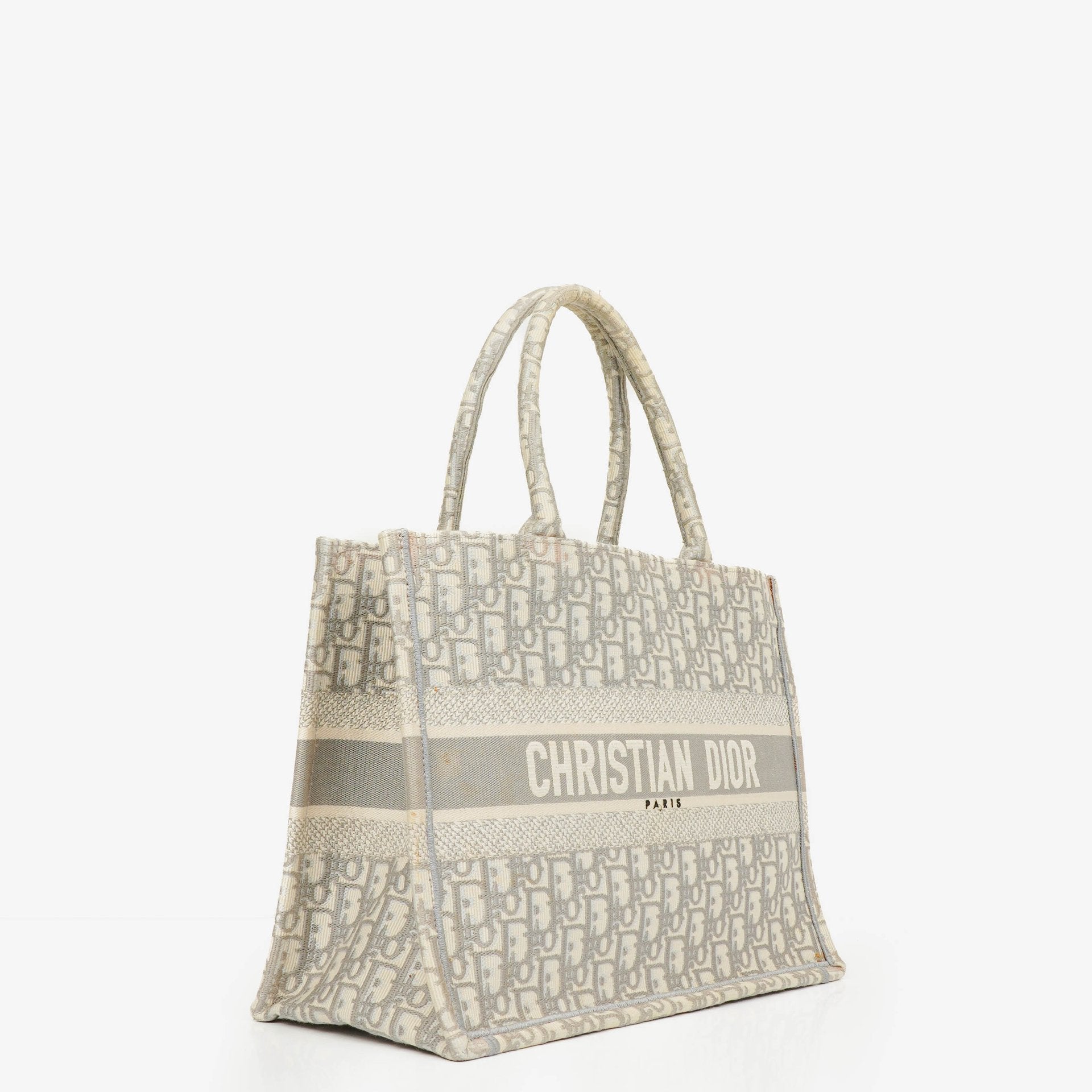 Christian Dior Medium Ecru and Gray Oblique Embroidery Book Tote
