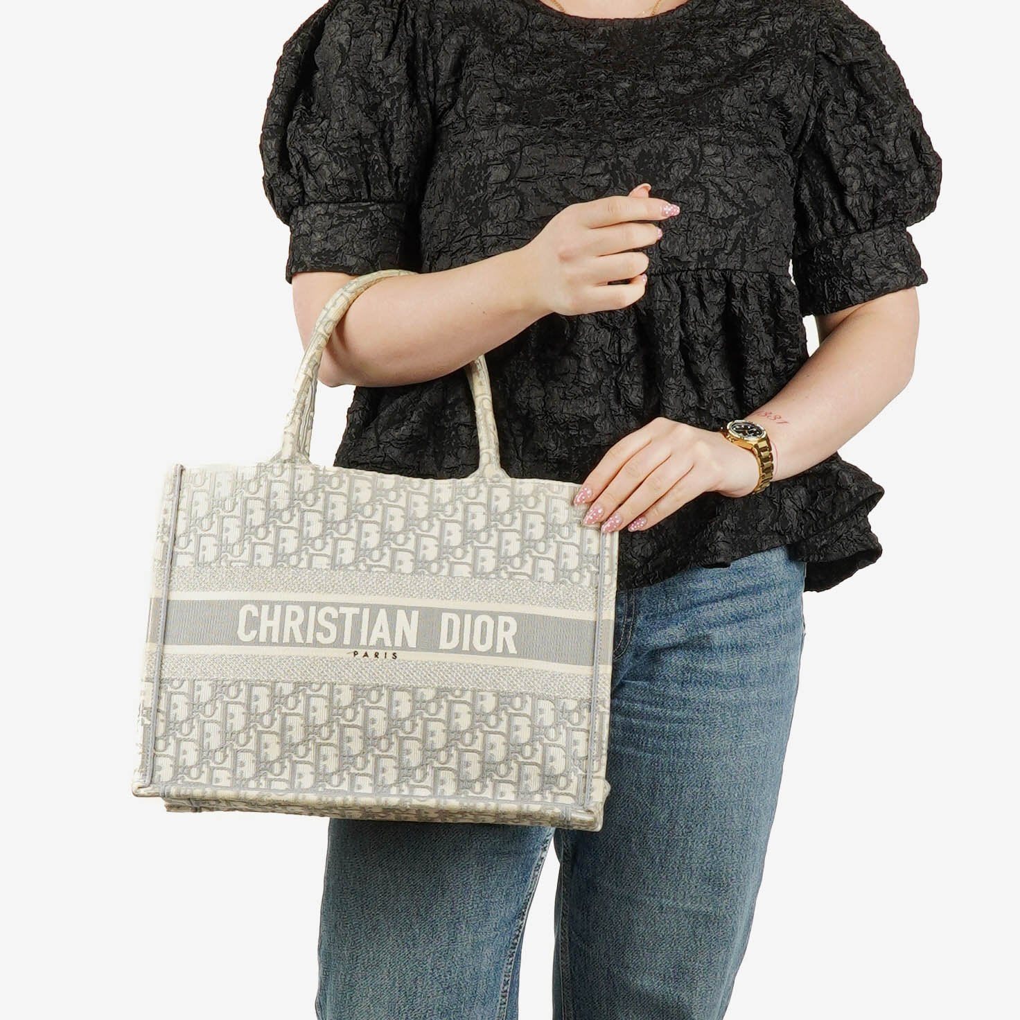 Christian Dior Medium Ecru and Gray Oblique Embroidery Book Tote