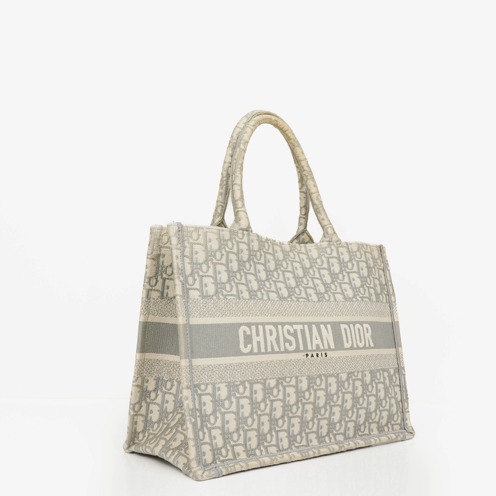 Christian Dior Medium Ecru and Gray Oblique Embroidery Book Tote