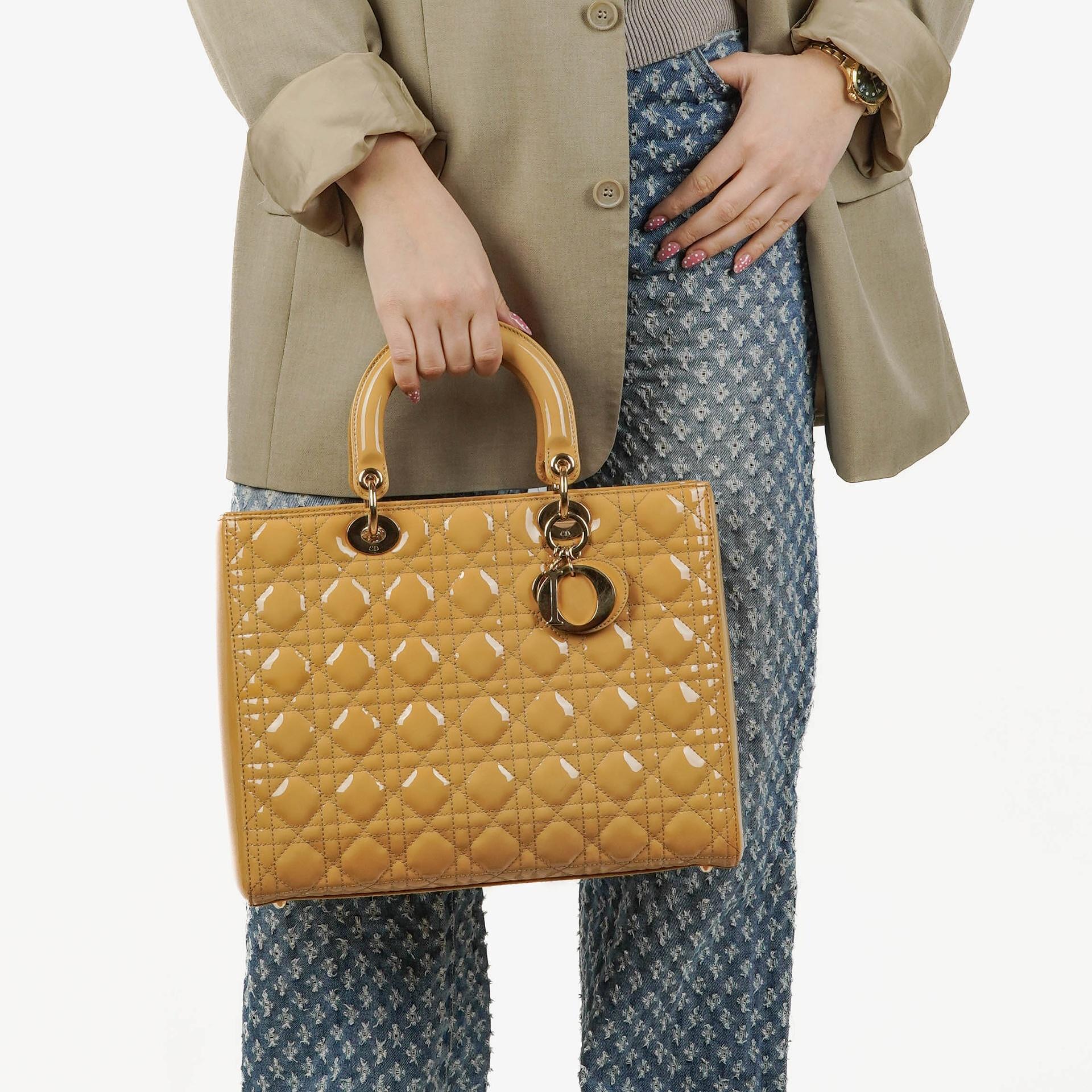 Dior Lady Dior Vintage Large Beige Patent Calfskin Handbag