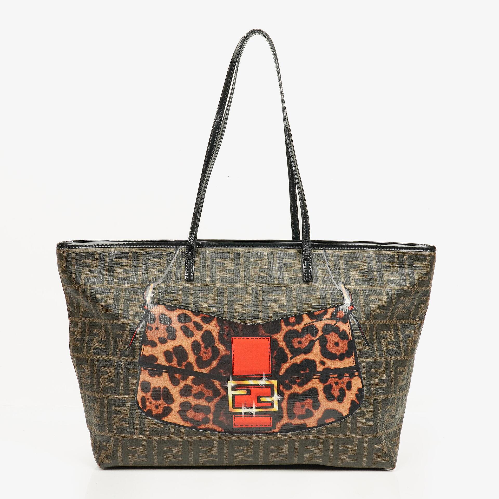 Fendi Zucca Coated Canvas and Patent Leather Tobacco/Black Baguette Print Roll Shopper Tote