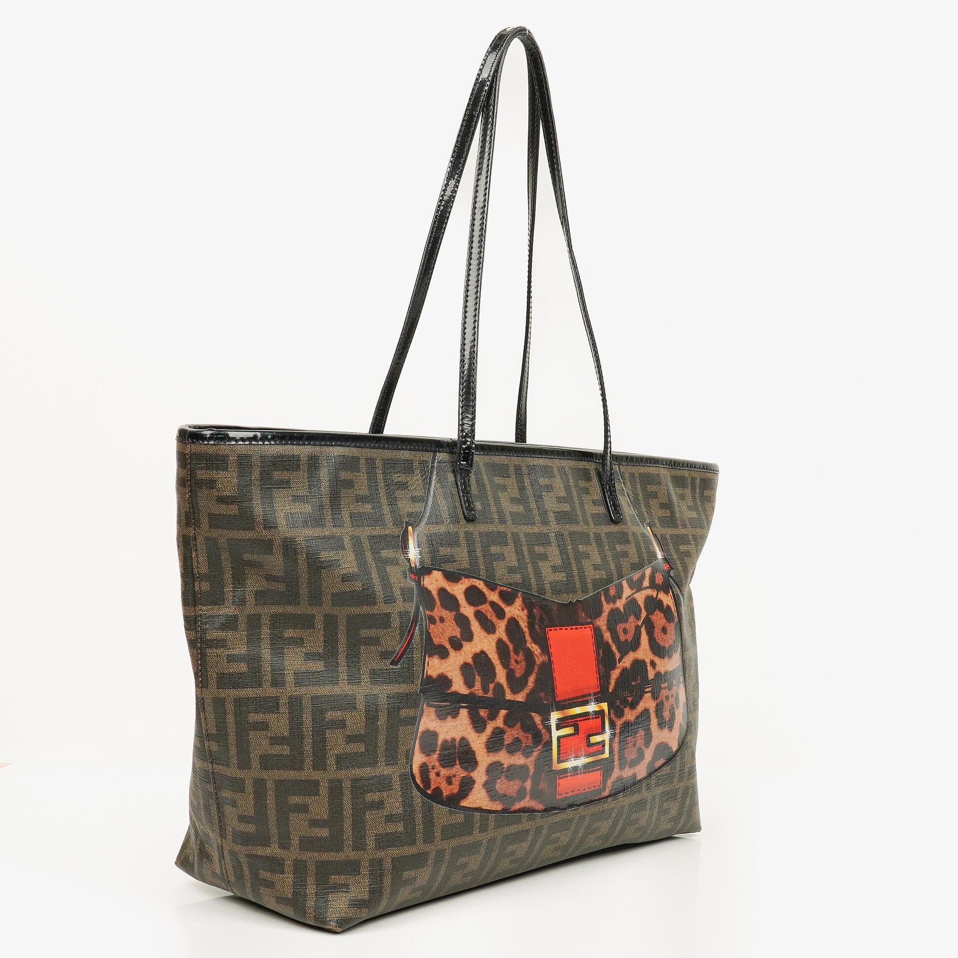 Fendi Zucca Coated Canvas and Patent Leather Tobacco/Black Baguette Print Roll Shopper Tote