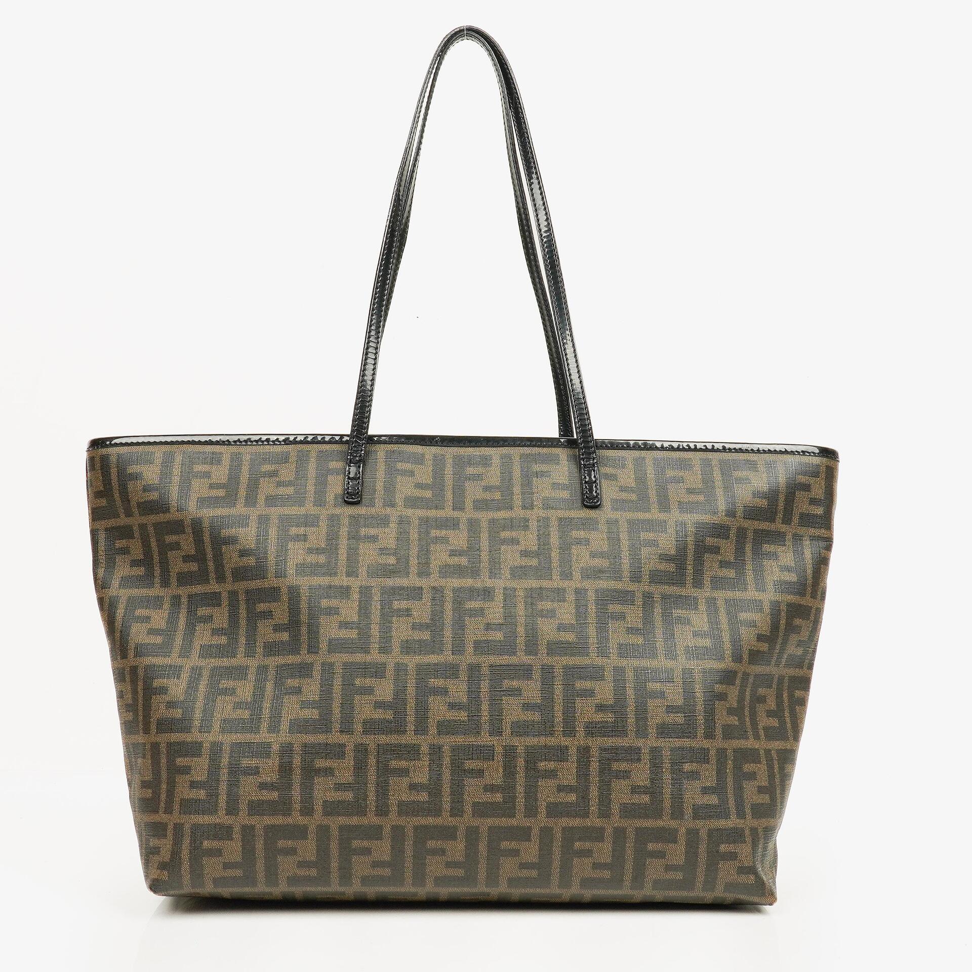 Fendi Zucca Coated Canvas and Patent Leather Tobacco/Black Baguette Print Roll Shopper Tote