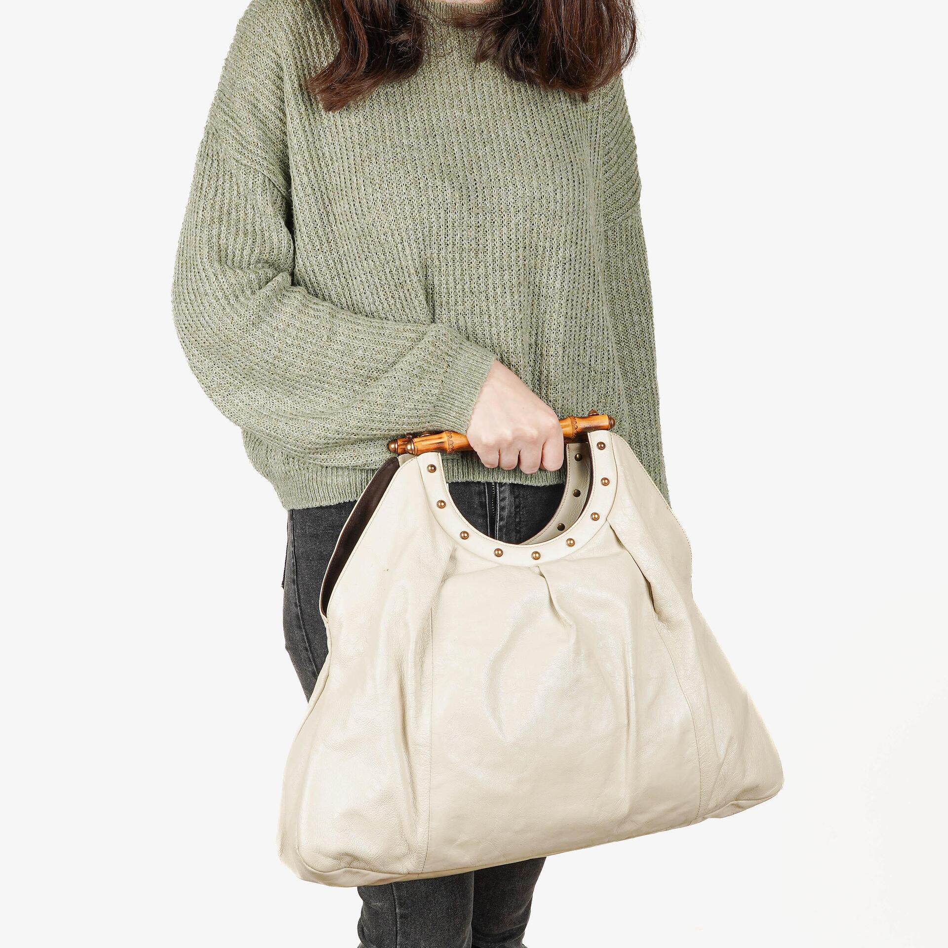Gucci Bamboo Handle Large Neutral Calfskin Studded Tote Bag