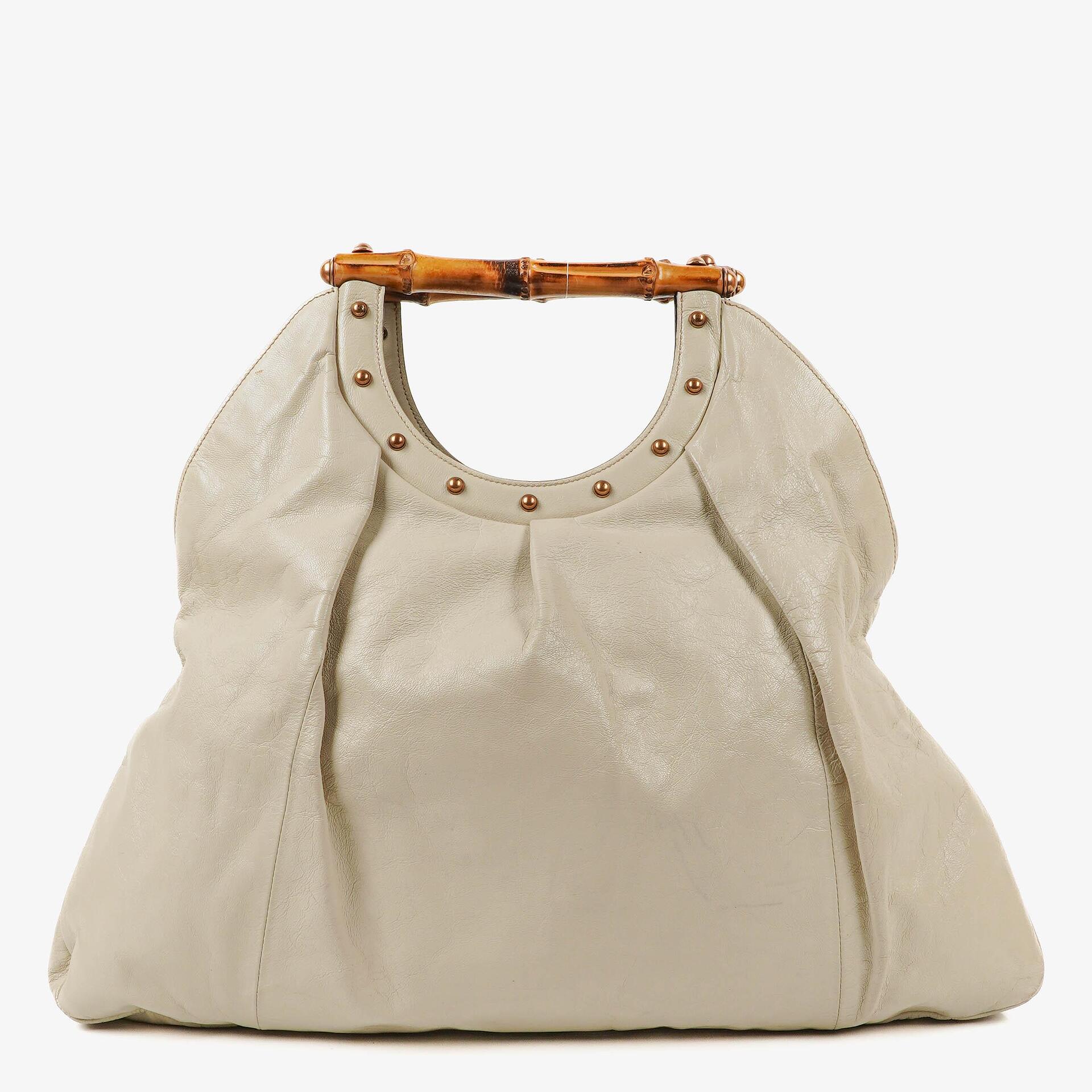 Gucci Bamboo Handle Large Neutral Calfskin Studded Tote Bag