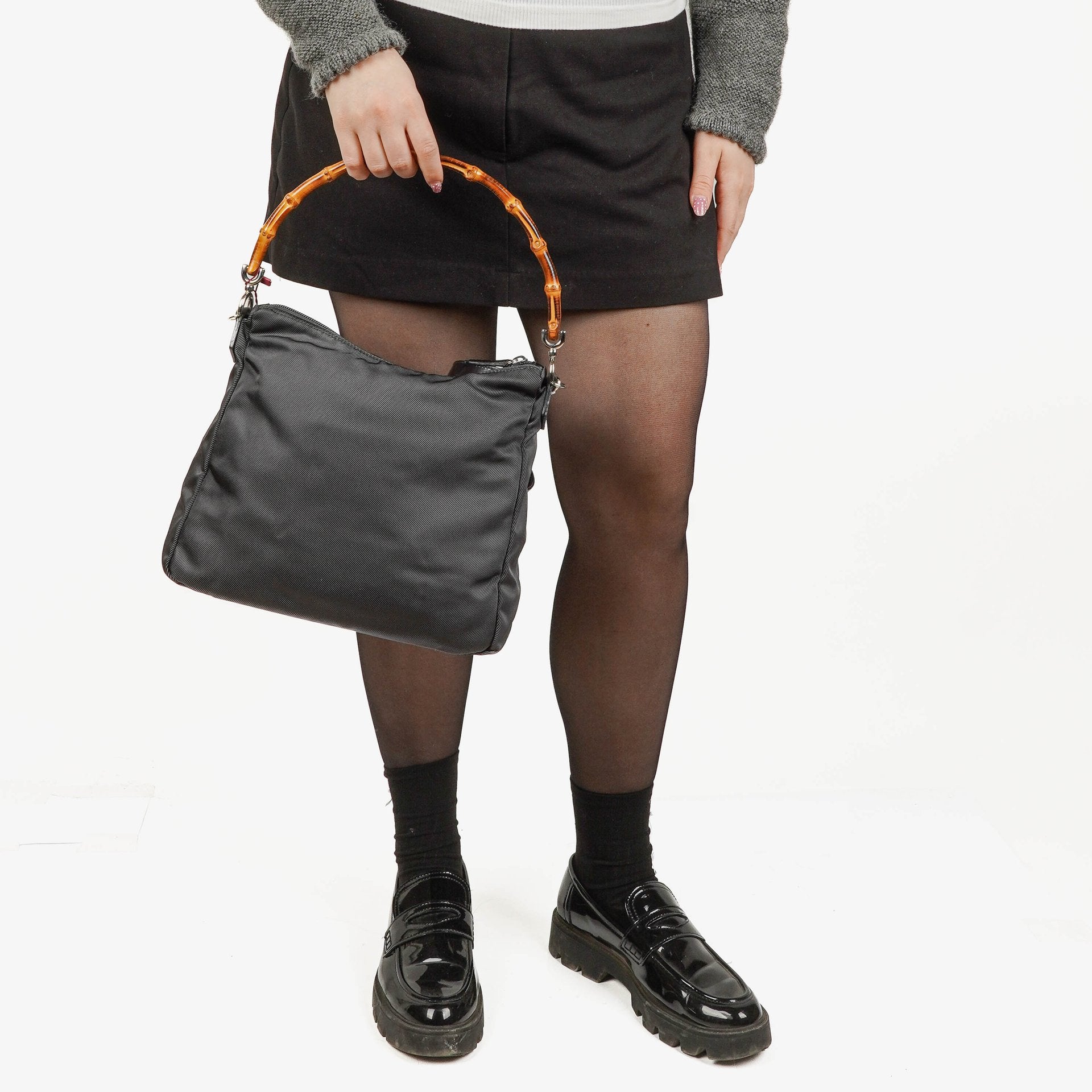 Gucci Bamboo Top Handle Grey Canvas Hobo Bag