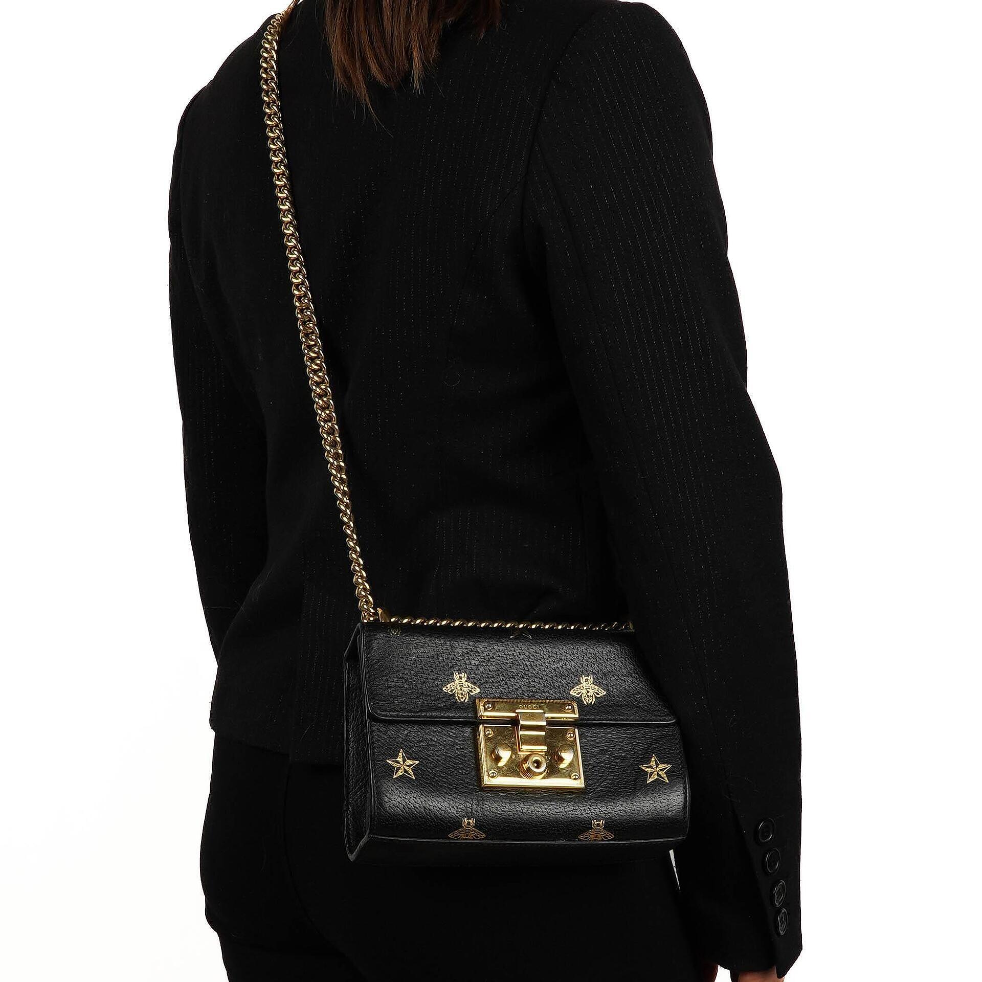 Gucci Bee Star Small Black Grained Calfskin Padlock Shoulder Bag