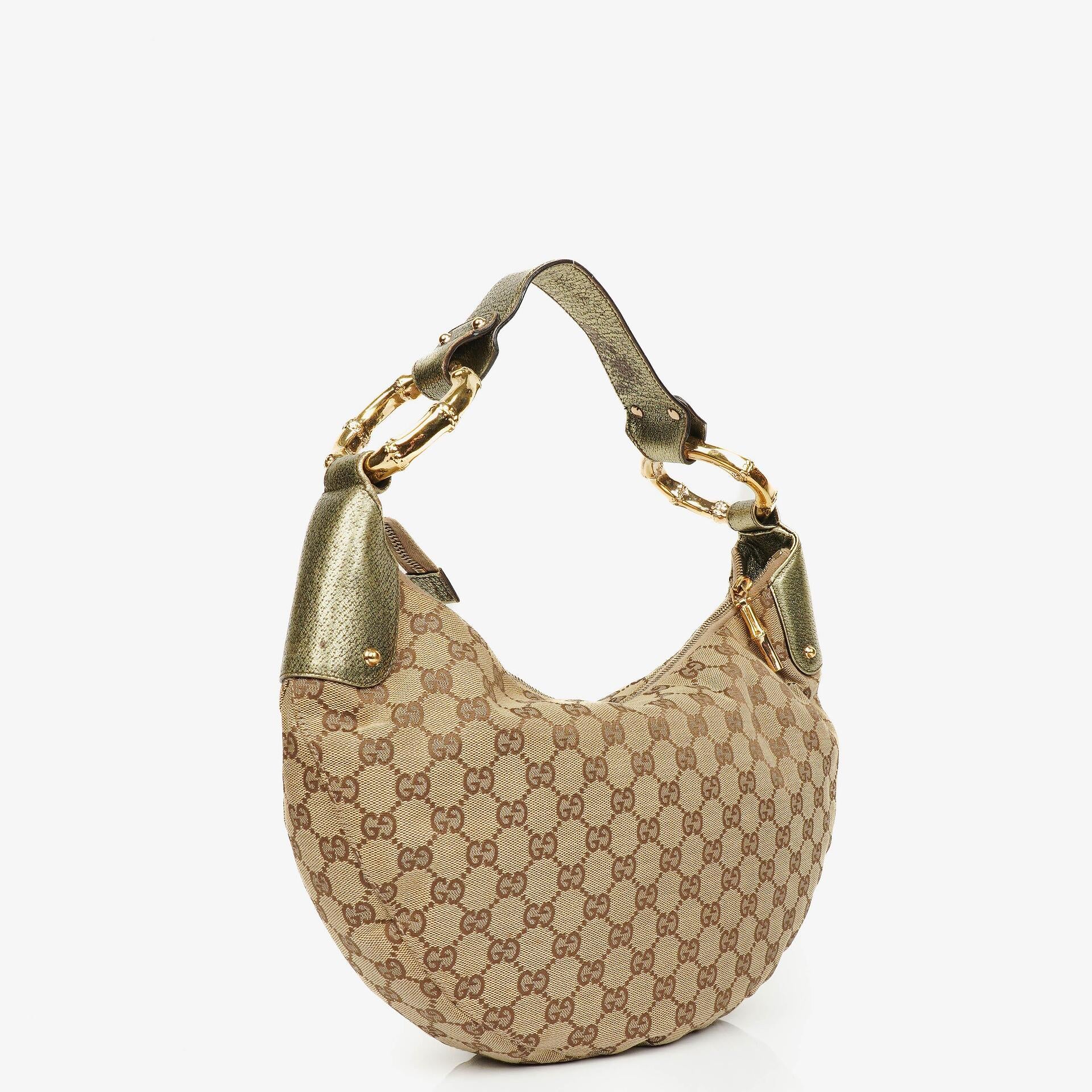 Gucci Beige/Ebony GG Canvas Green Metallic Bamboo Ring Hobo Bag