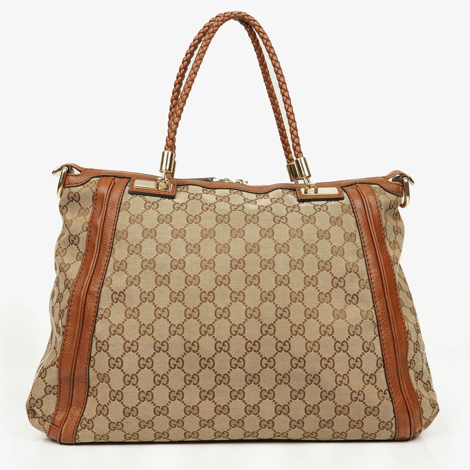 Gucci Bella Monogram Canvas Braided Handles Satchel Tote Bag