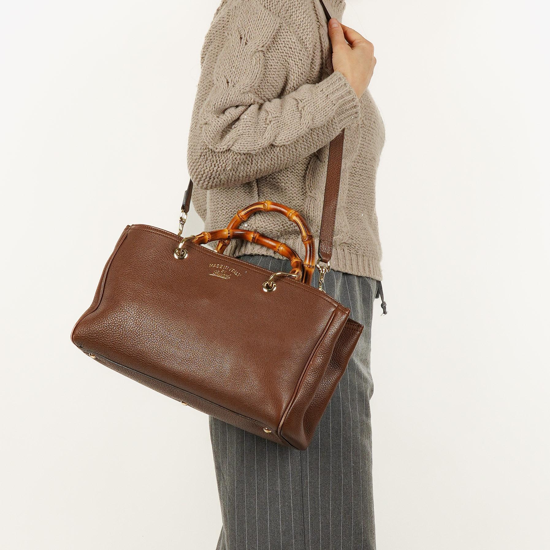 Gucci Brown Pebbled Calfskin Medium Bamboo Shopper Tote Bag