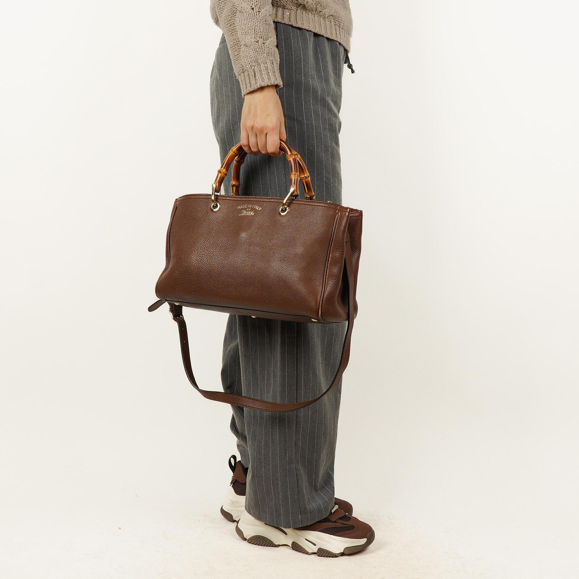 Gucci Brown Pebbled Calfskin Medium Bamboo Shopper Tote Bag