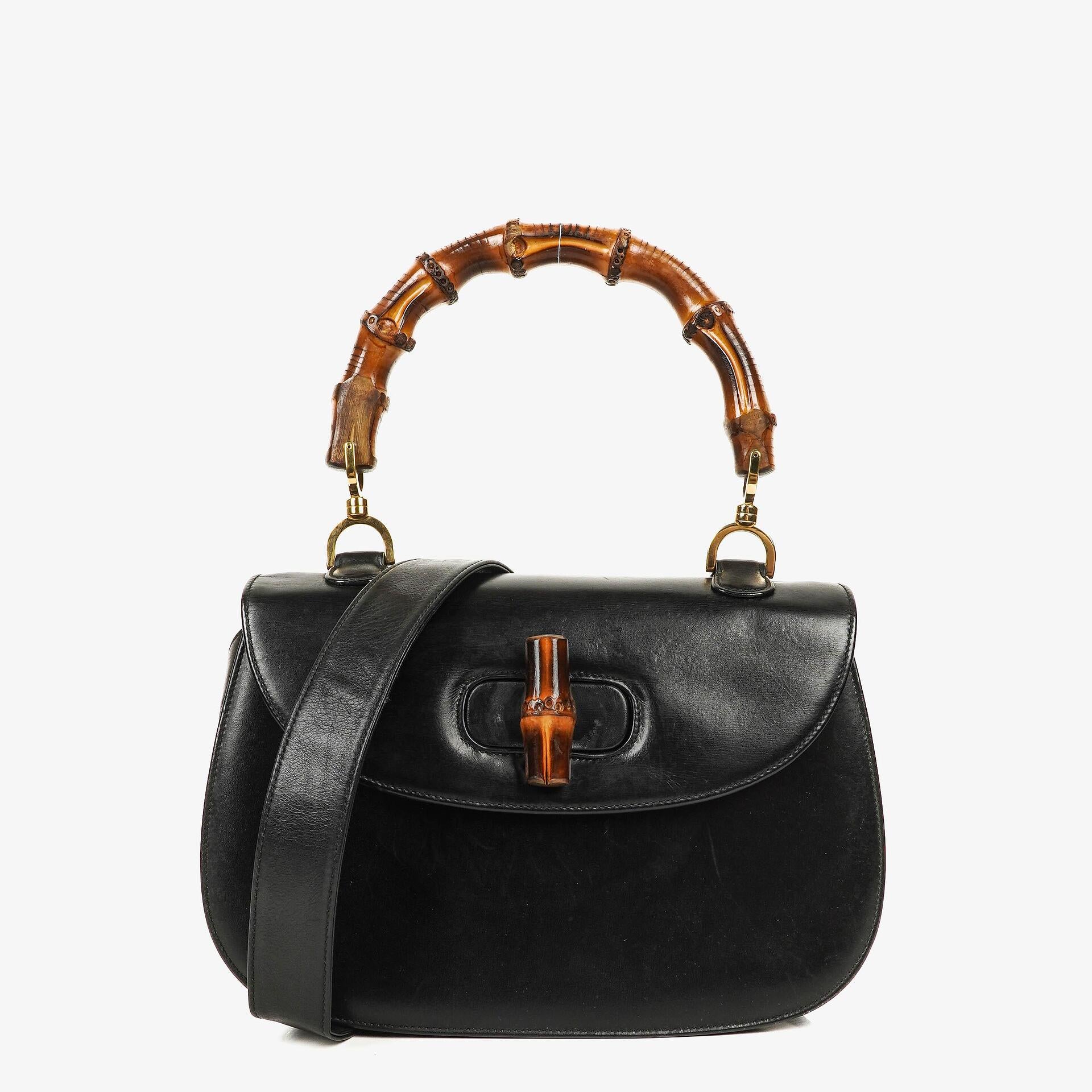 Gucci Convertible Bamboo Top Handle Black Leather Bag