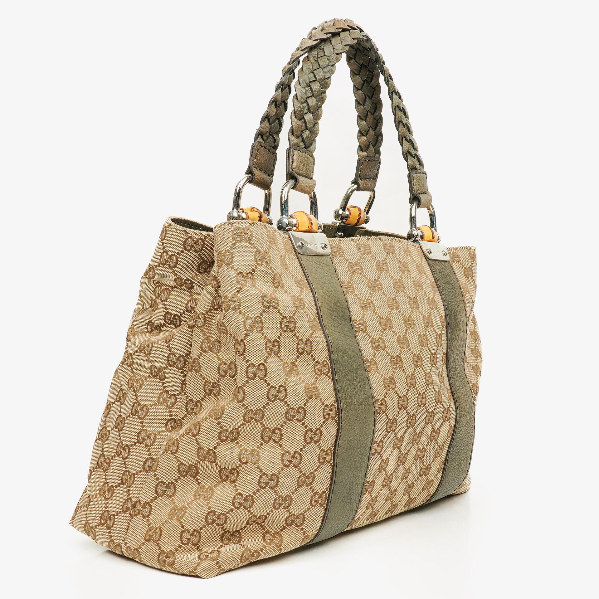 Gucci GG Monogram Canvas Beige Bamboo Top Handle Bag