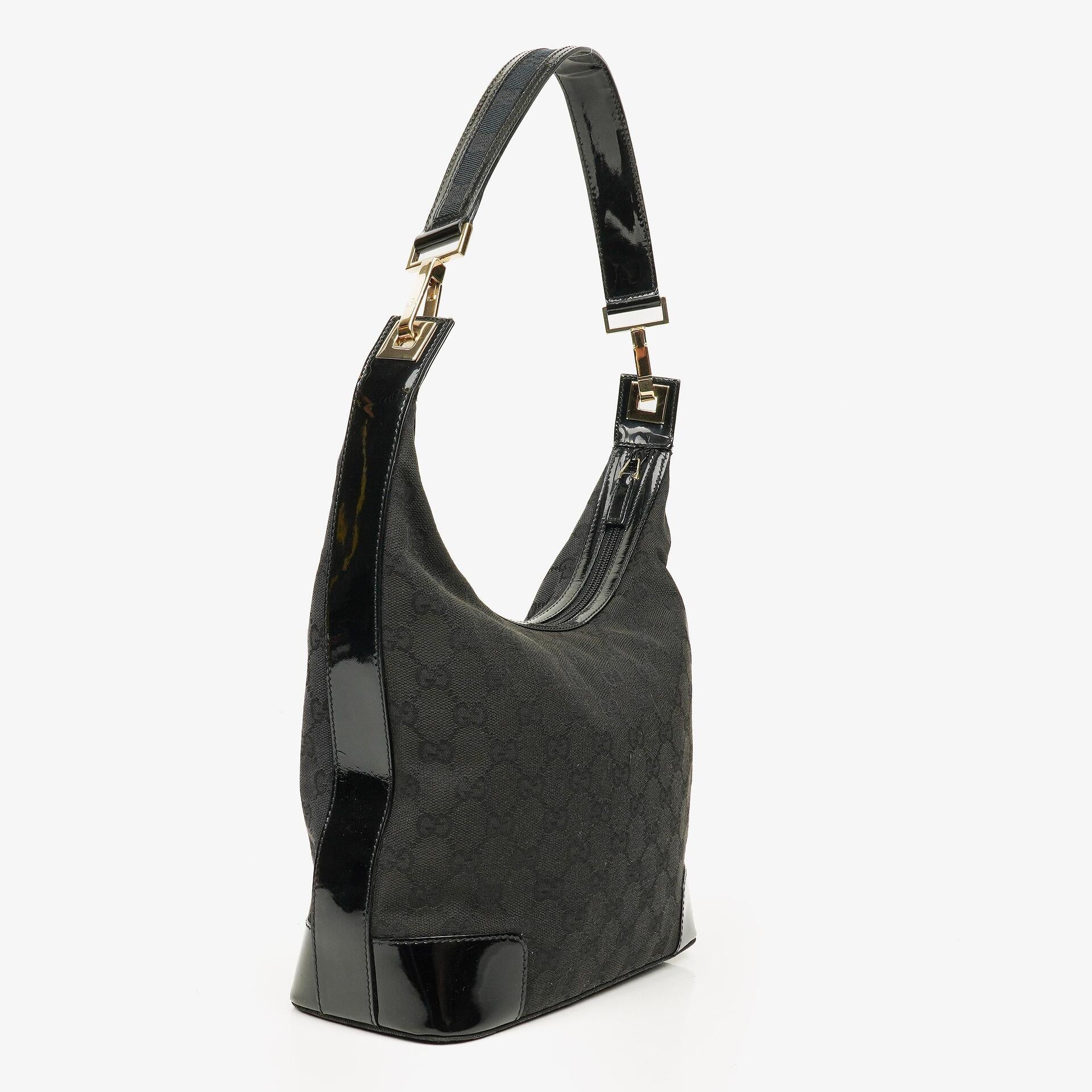 Gucci Hobo Shoulder Bag in GG Canvas and Patent Leather Black