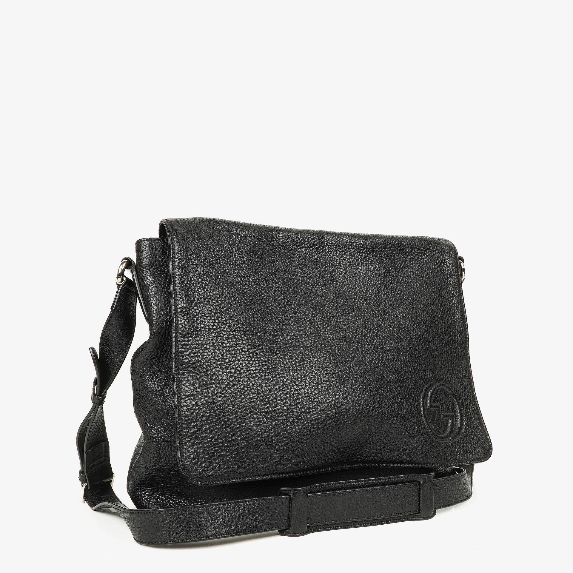 Gucci Pebbled Black Leather Messenger Bag