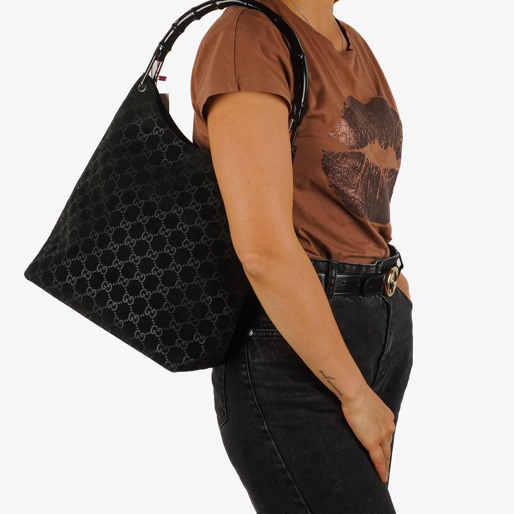 Gucci Vintage Bamboo Top Handle Black GG Hobo Shoulder Bag