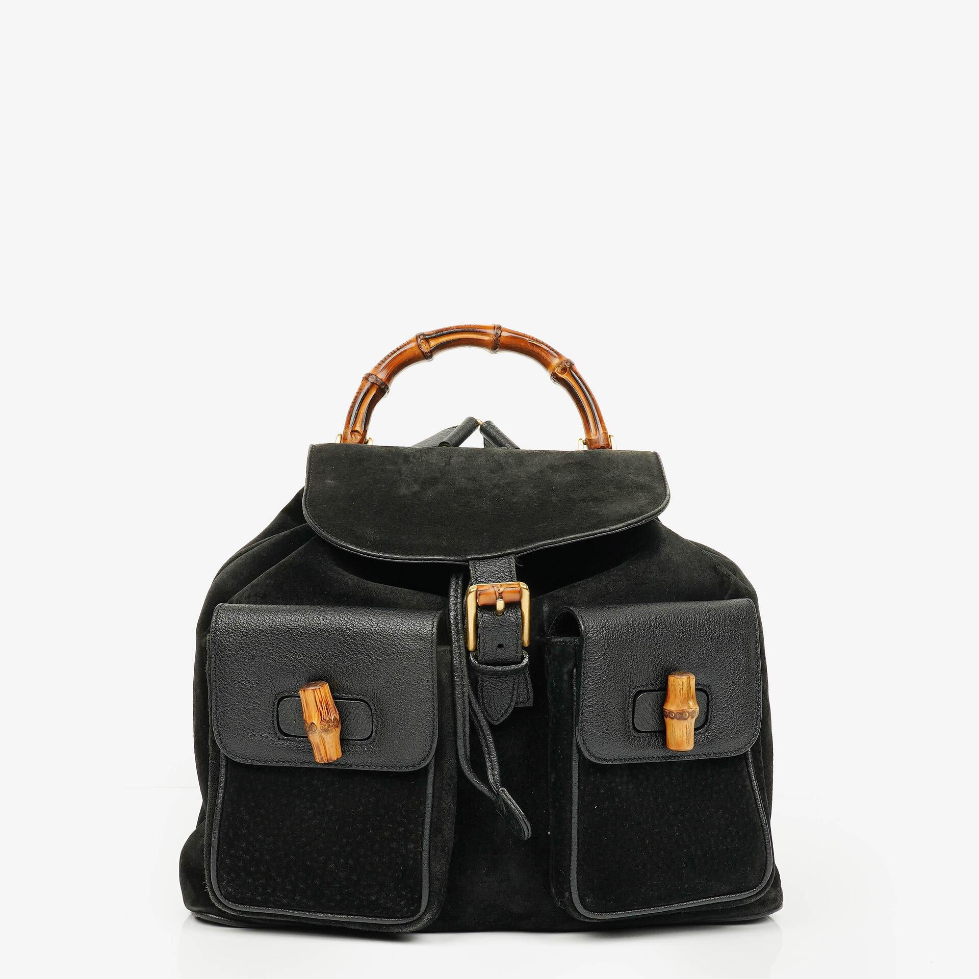 Gucci Vintage Black Suede and Bamboo Backpack