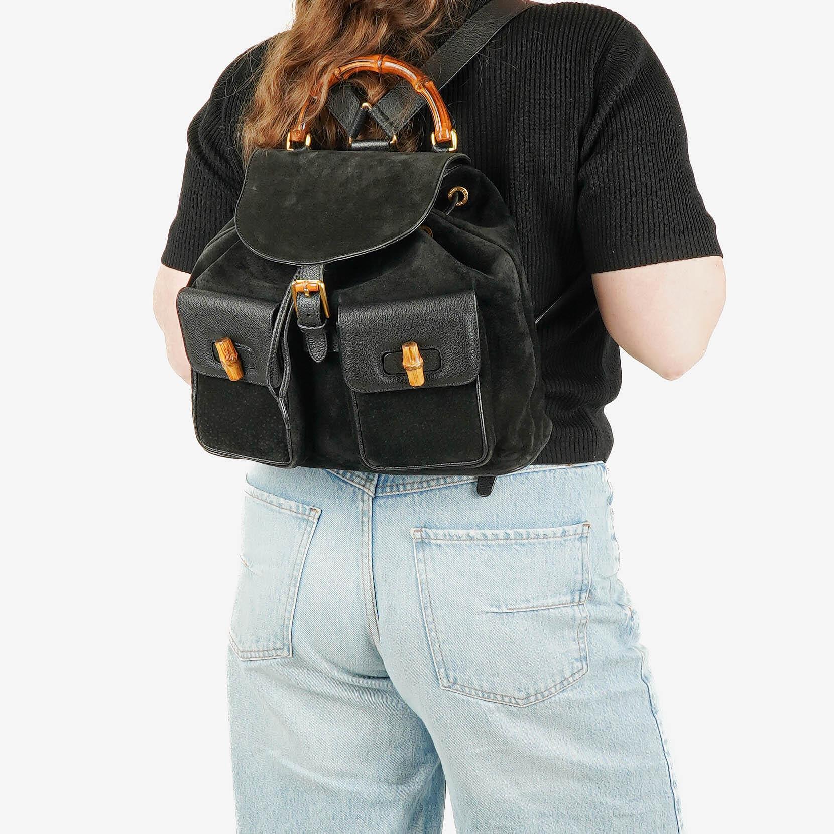 Gucci Vintage Black Suede and Bamboo Backpack